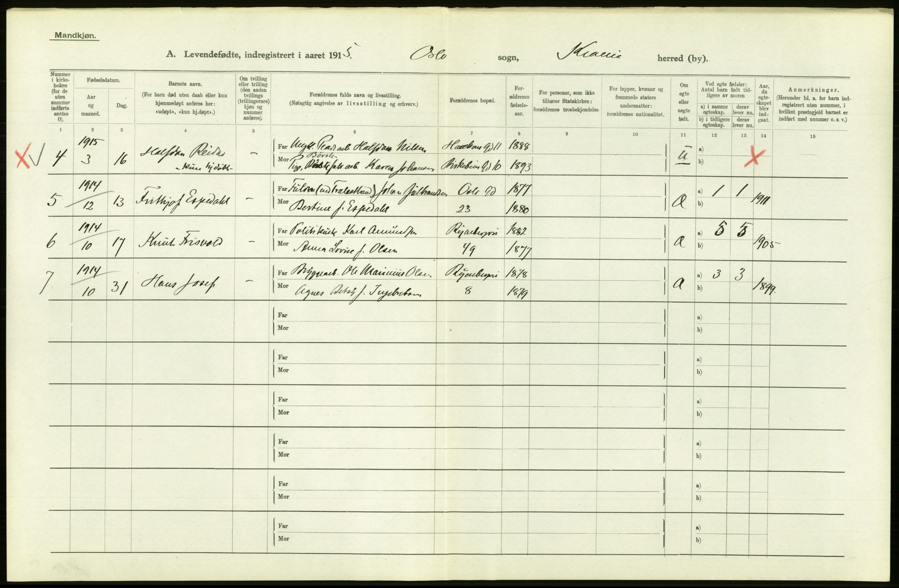 Statistisk sentralbyrå, Sosiodemografiske emner, Befolkning, AV/RA-S-2228/D/Df/Dfb/Dfbe/L0006: Kristiania: Levendefødte menn og kvinner., 1915, p. 120