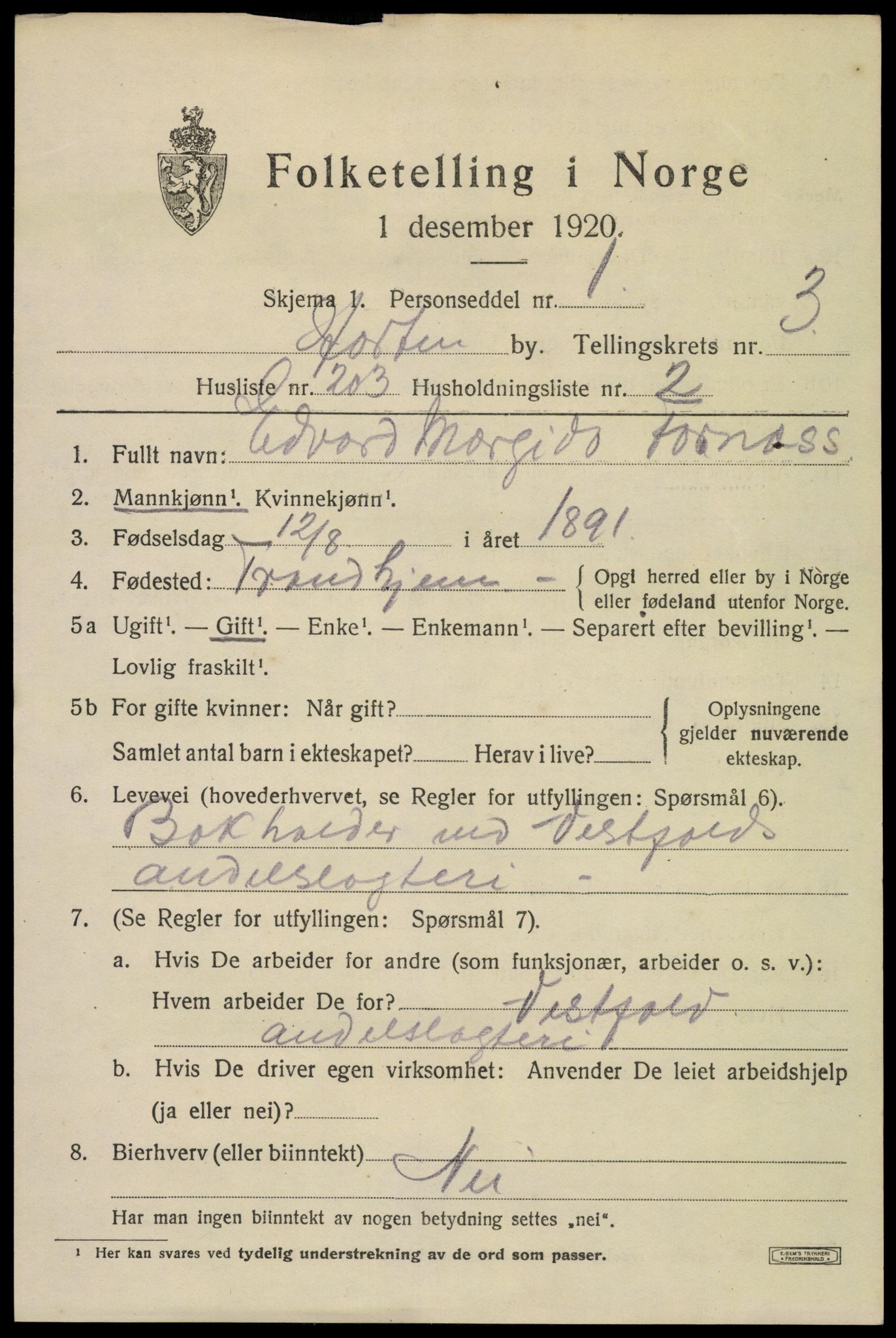 SAKO, 1920 census for Horten, 1920, p. 16253