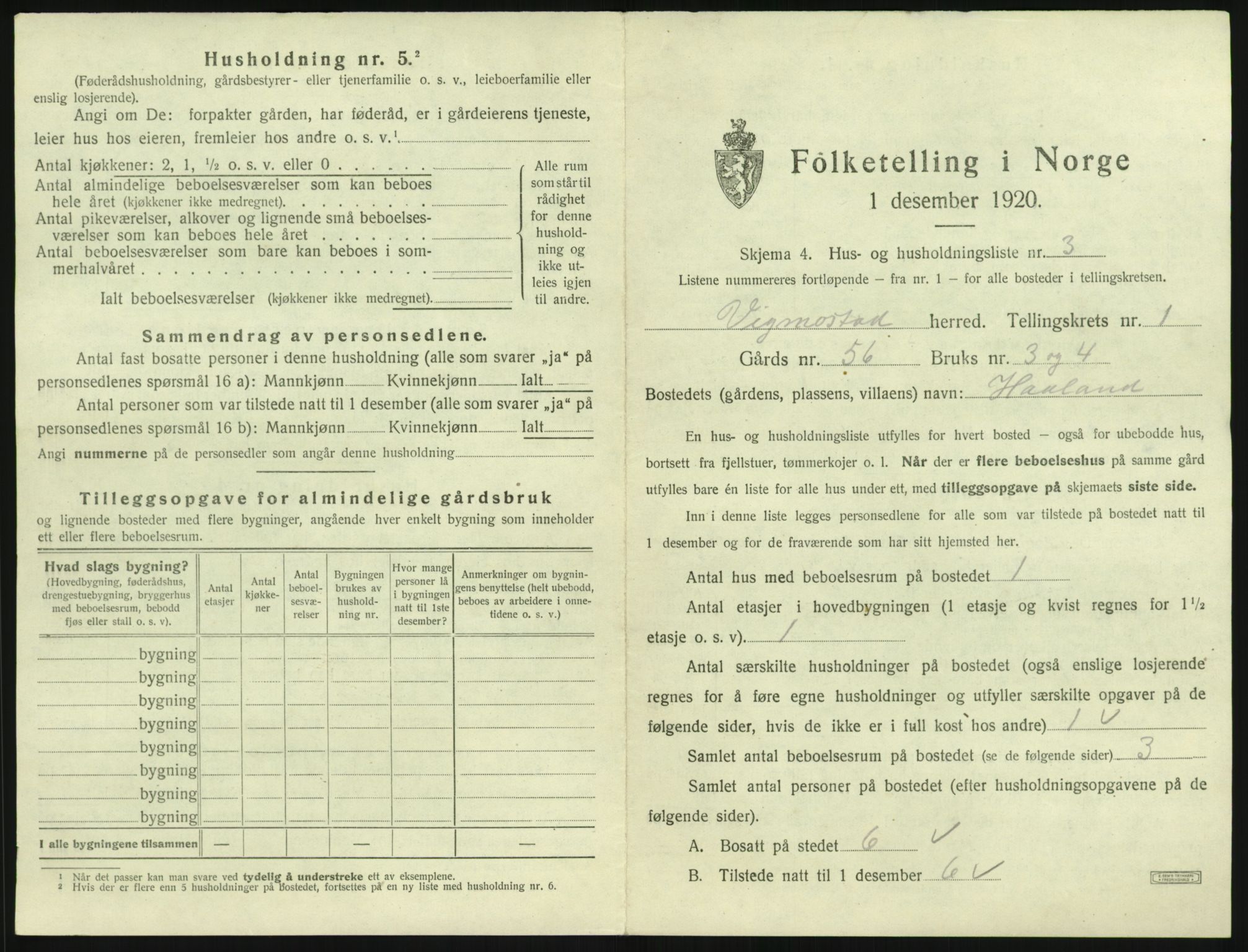 SAK, 1920 census for Vigmostad, 1920, p. 37