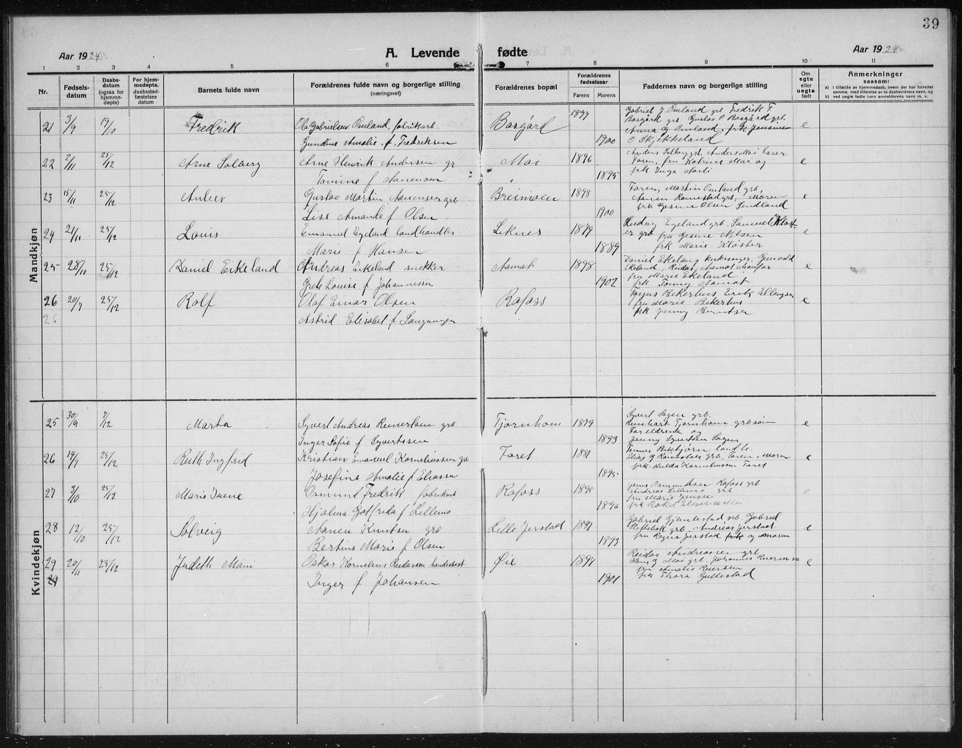 Kvinesdal sokneprestkontor, AV/SAK-1111-0026/F/Fb/Fbb/L0004: Parish register (copy) no. B 4, 1917-1938, p. 39