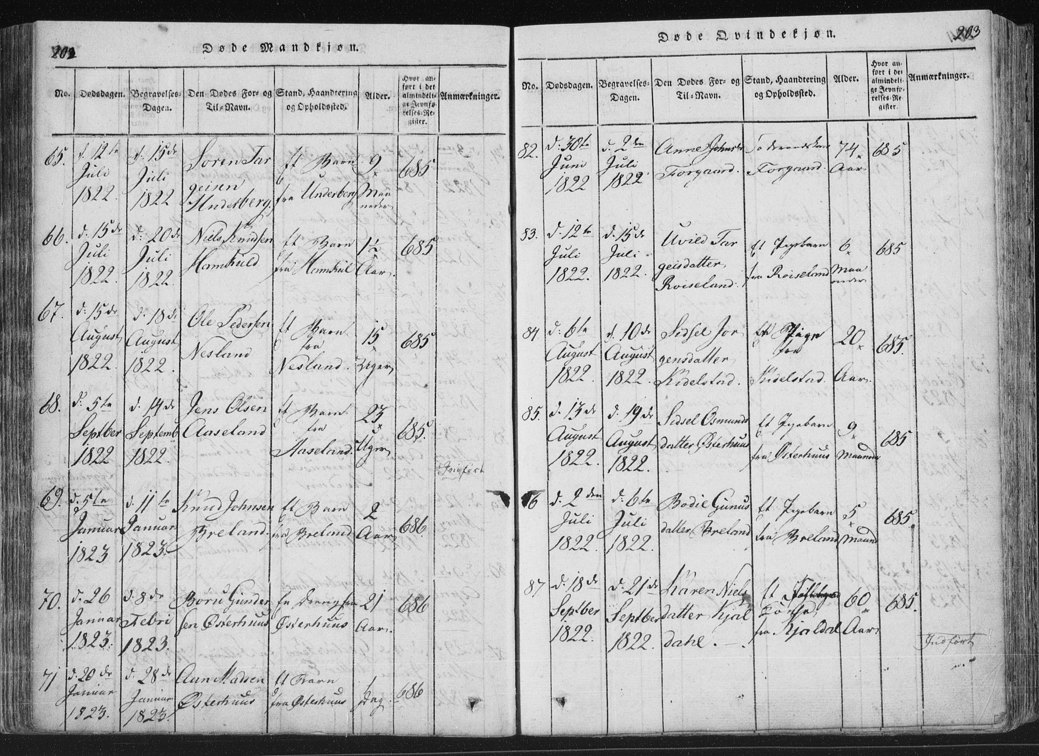 Åseral sokneprestkontor, SAK/1111-0051/F/Fa/L0001: Parish register (official) no. A 1, 1815-1853, p. 202-203