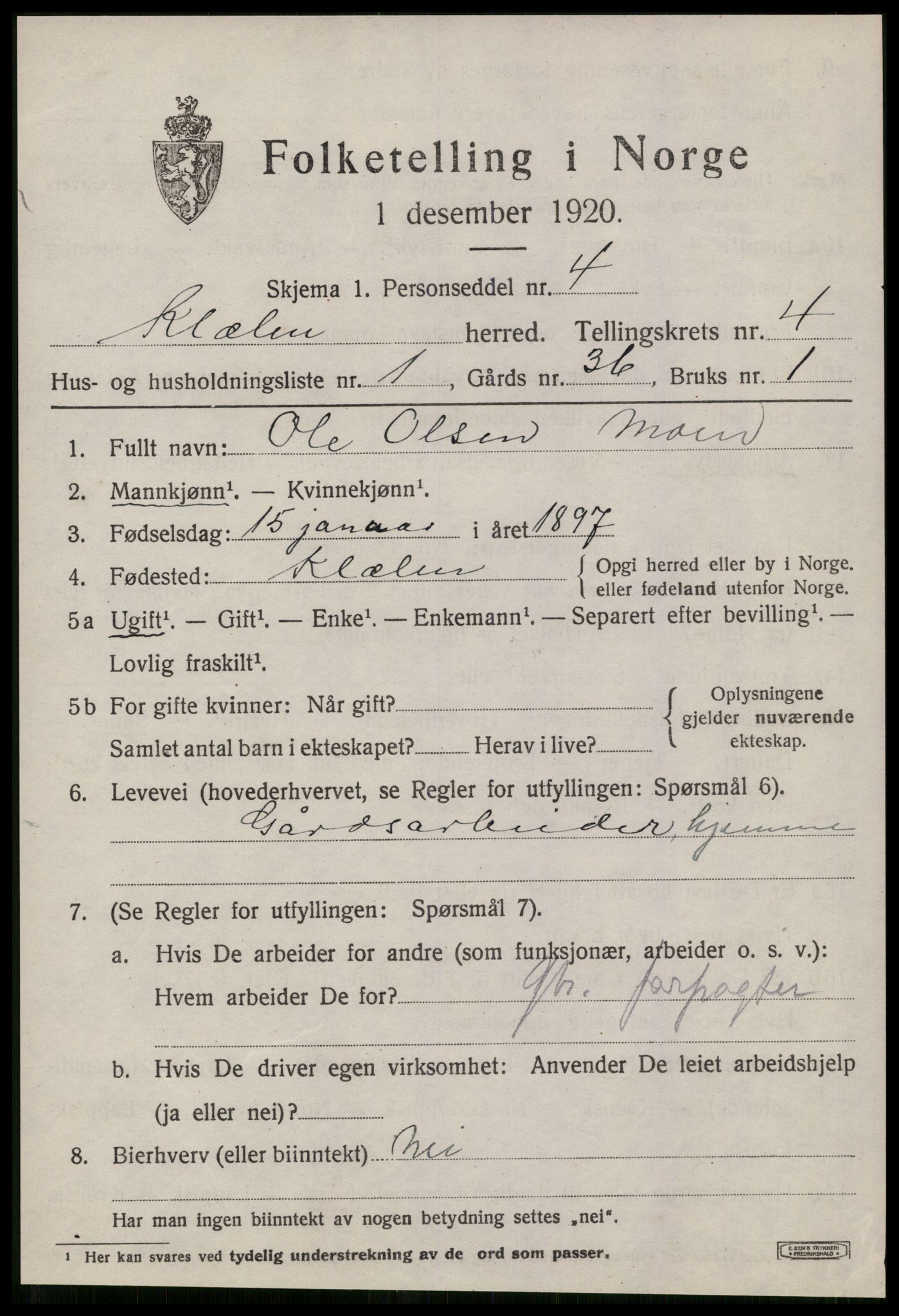 SAT, 1920 census for Klæbu, 1920, p. 2076