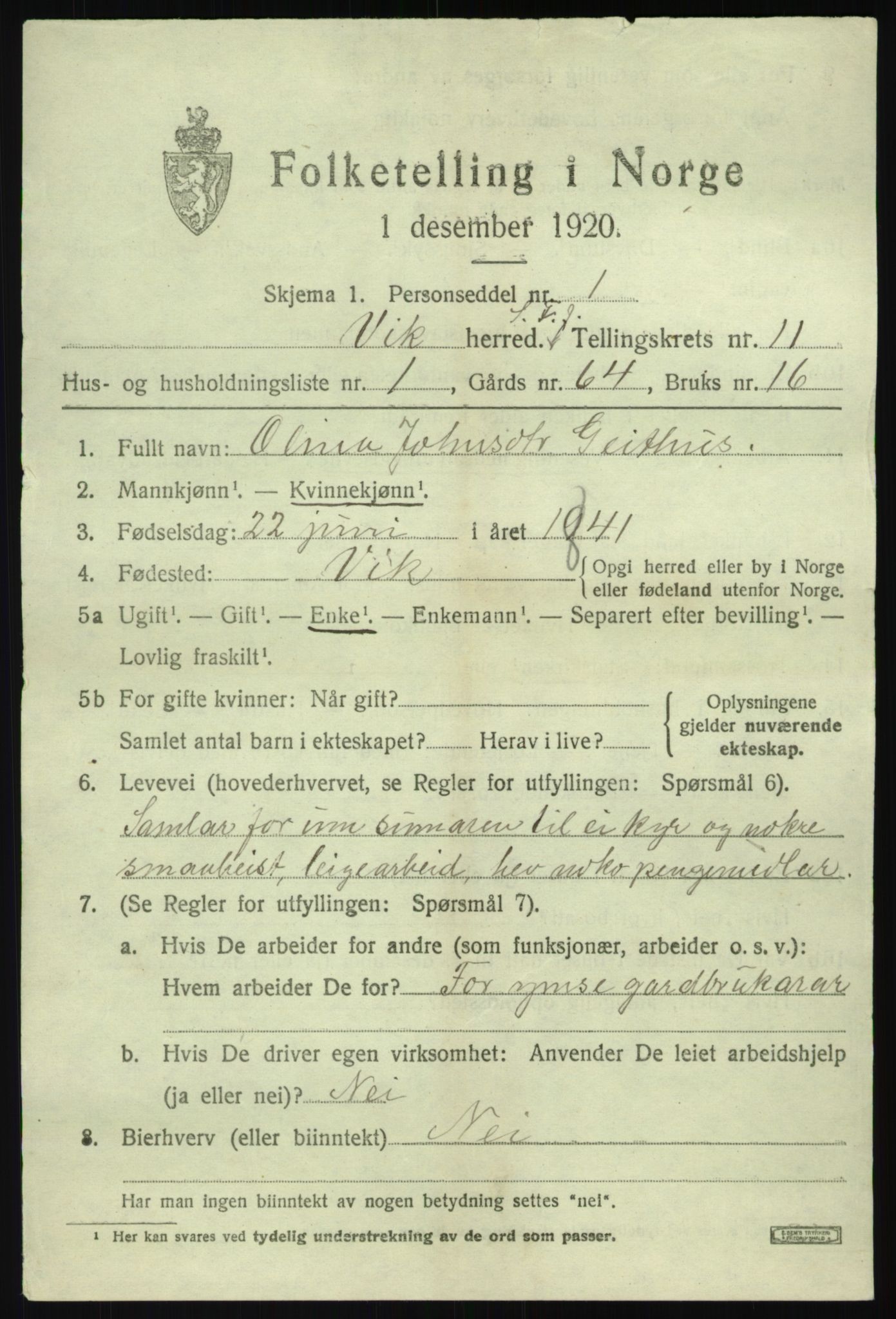 SAB, 1920 census for Vik, 1920, p. 6319