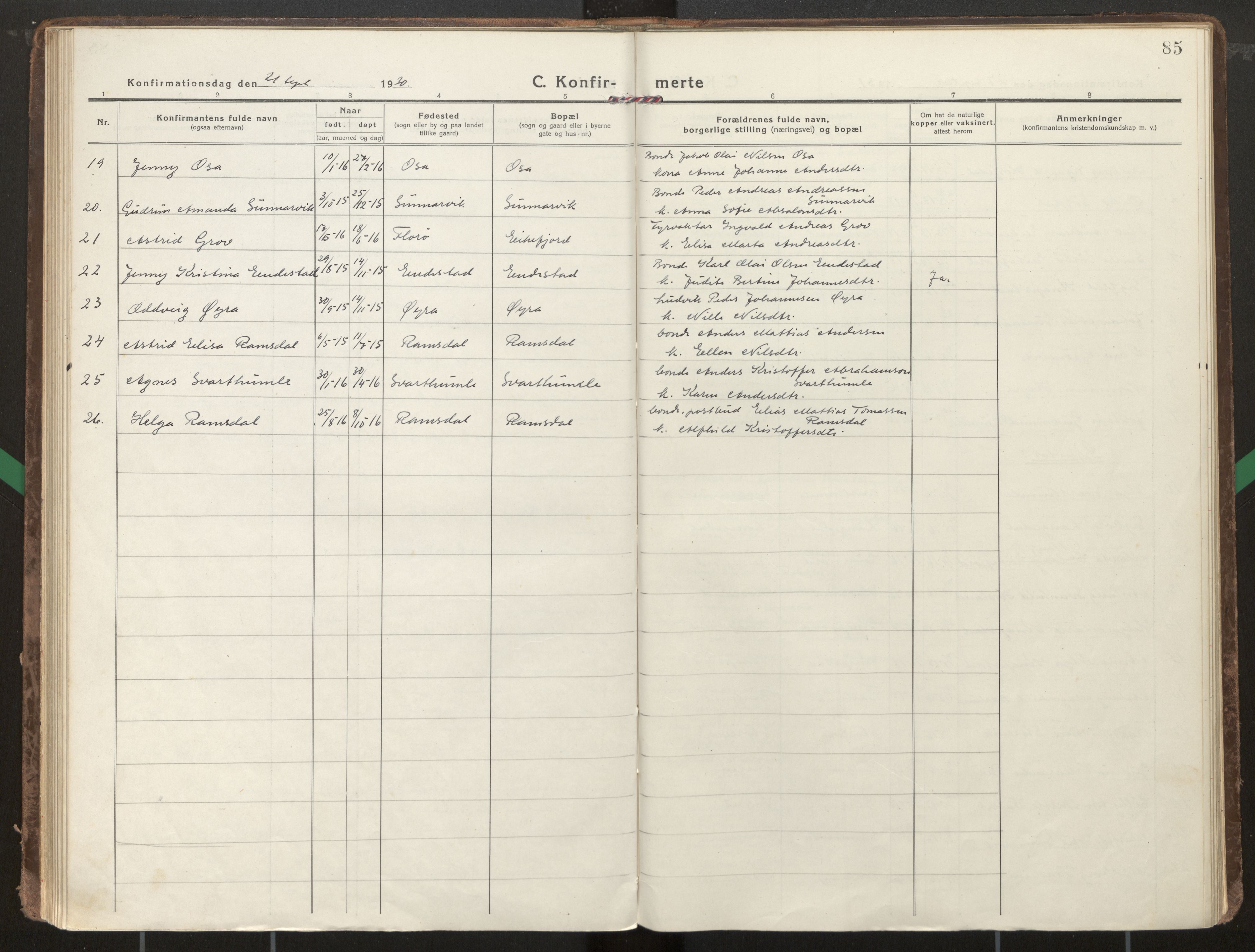 Kinn sokneprestembete, SAB/A-80801/H/Haa/Haae/L0002: Parish register (official) no. E 2, 1917-1937, p. 85