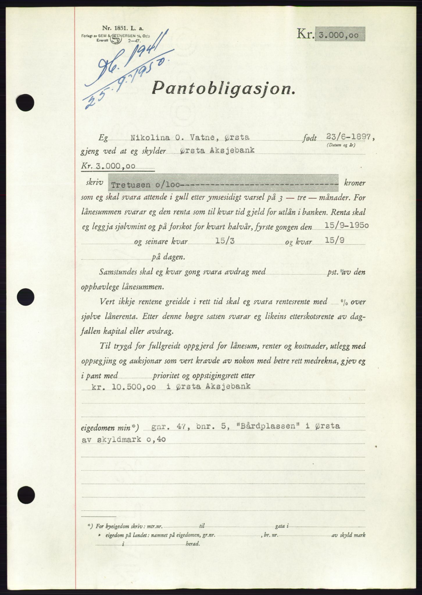 Søre Sunnmøre sorenskriveri, AV/SAT-A-4122/1/2/2C/L0119: Mortgage book no. 7B, 1950-1951, Diary no: : 1941/1950