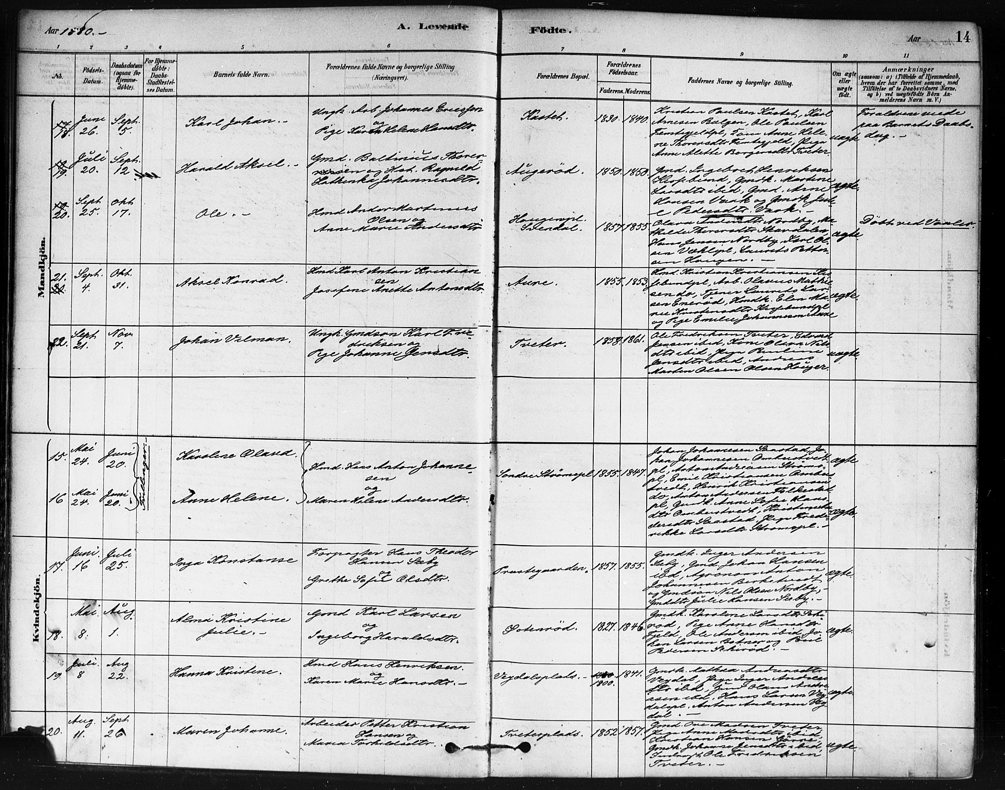 Våler prestekontor Kirkebøker, SAO/A-11083/F/Fa/L0010: Parish register (official) no. I 10, 1878-1896, p. 14