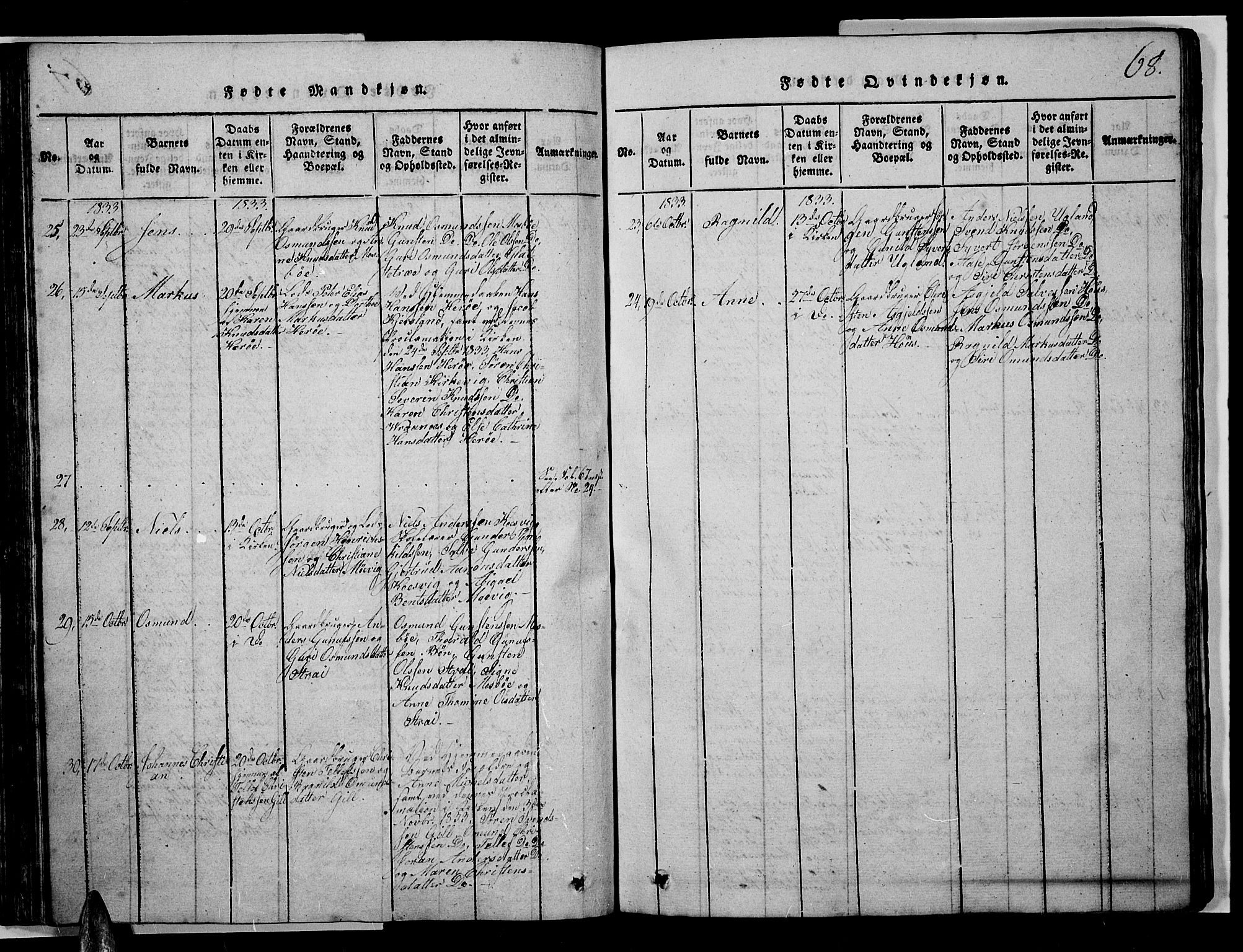 Oddernes sokneprestkontor, AV/SAK-1111-0033/F/Fb/Fba/L0003: Parish register (copy) no. B 3, 1820-1838, p. 68