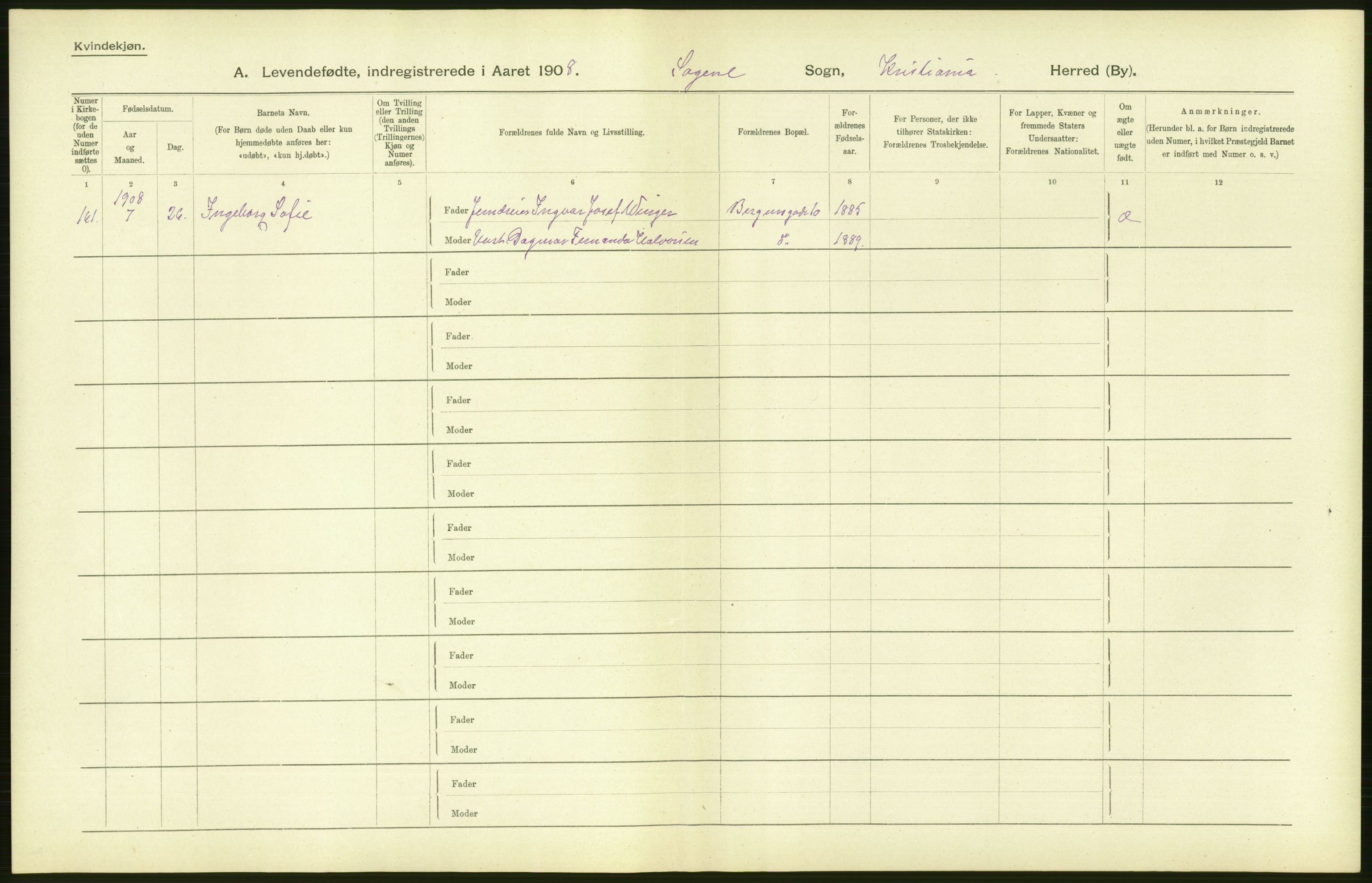 Statistisk sentralbyrå, Sosiodemografiske emner, Befolkning, AV/RA-S-2228/D/Df/Dfa/Dfaf/L0006: Kristiania: Levendefødte menn og kvinner., 1908, p. 154