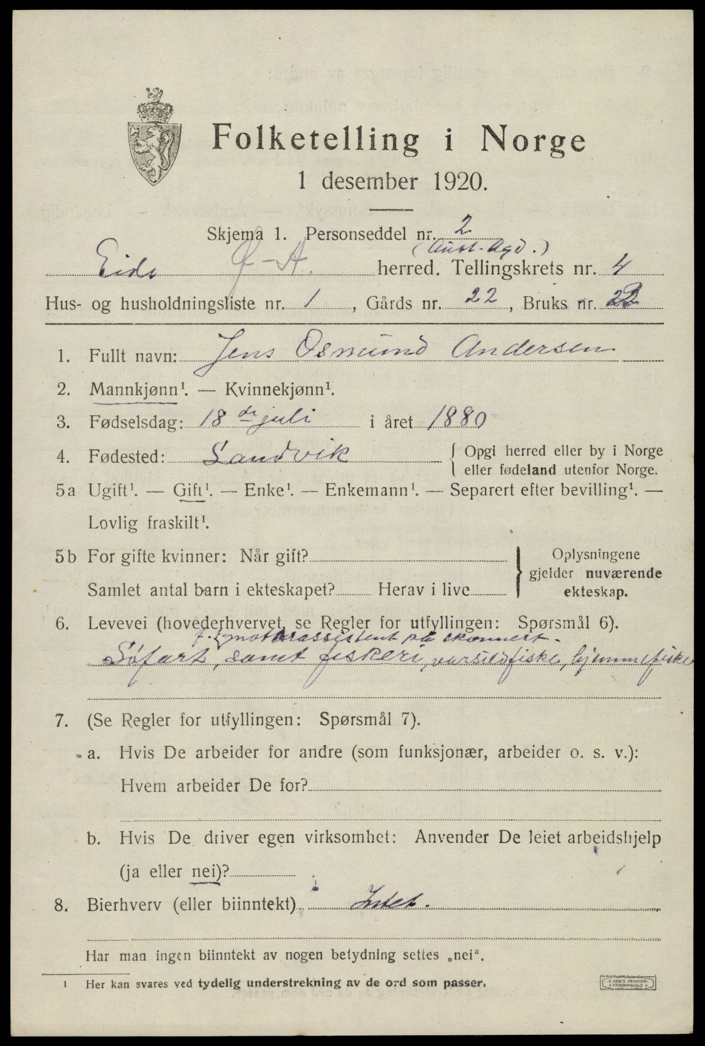 SAK, 1920 census for Eide, 1920, p. 1154