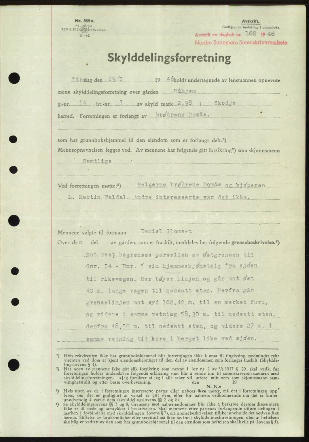 Nordre Sunnmøre sorenskriveri, AV/SAT-A-0006/1/2/2C/2Ca: Mortgage book no. A20b, 1946-1946, Diary no: : 162/1946