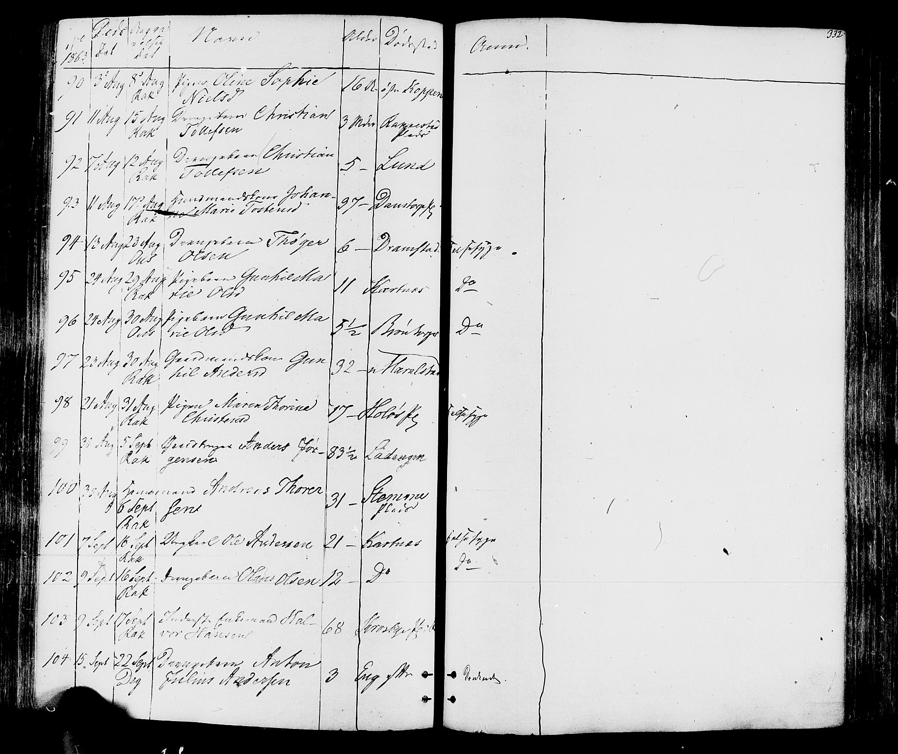 Rakkestad prestekontor Kirkebøker, AV/SAO-A-2008/F/Fa/L0011: Parish register (official) no. I 11, 1862-1877, p. 332