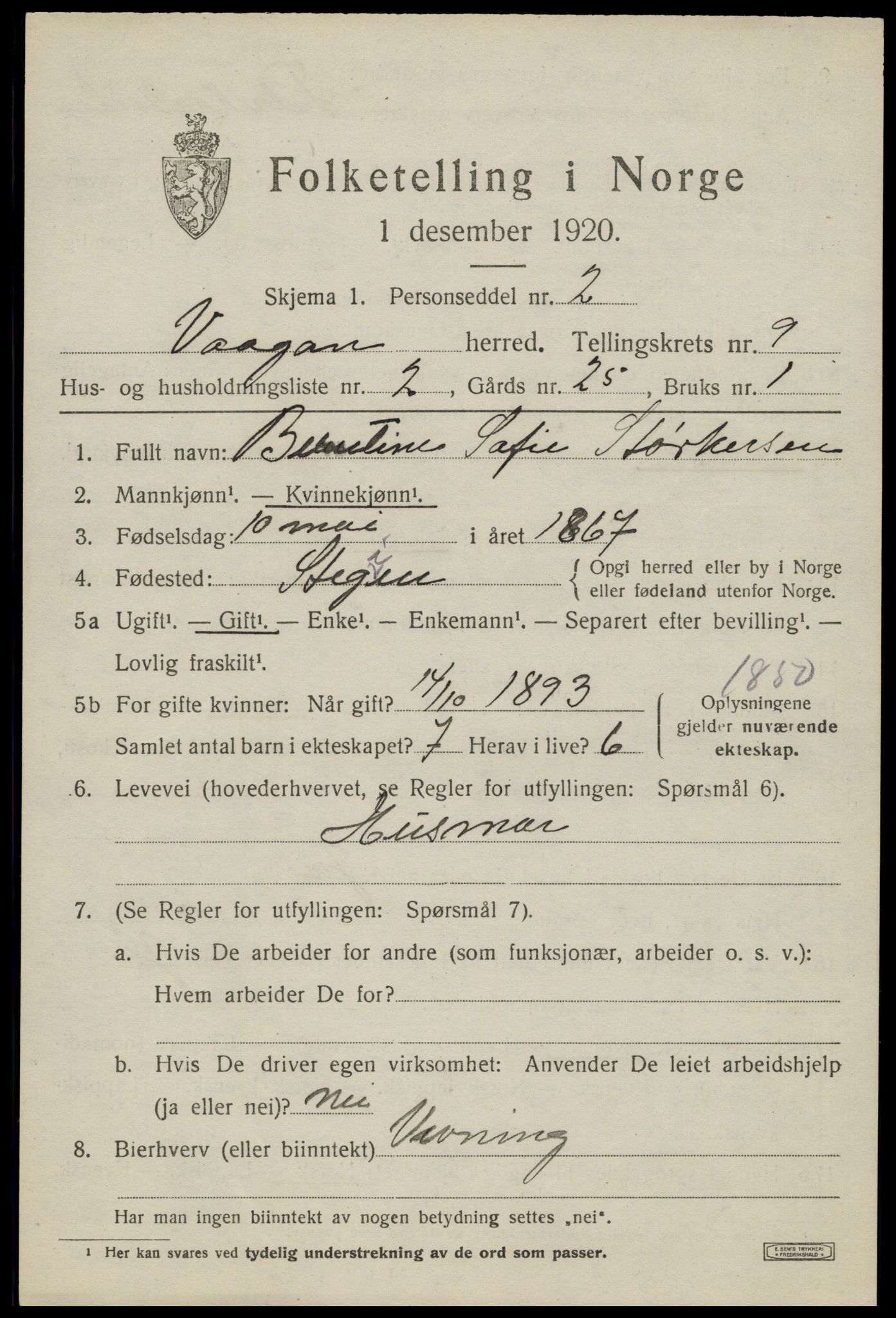 SAT, 1920 census for Vågan, 1920, p. 8113