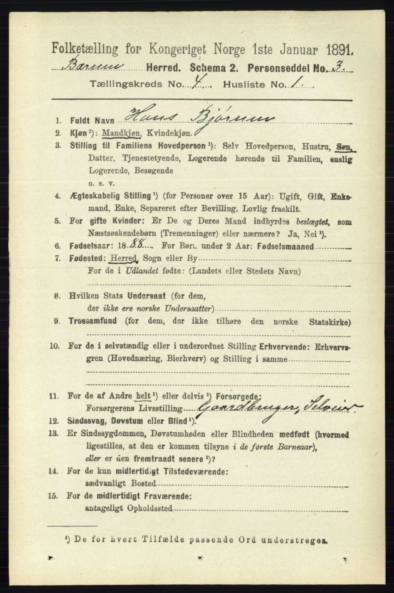 RA, 1891 census for 0219 Bærum, 1891, p. 2488