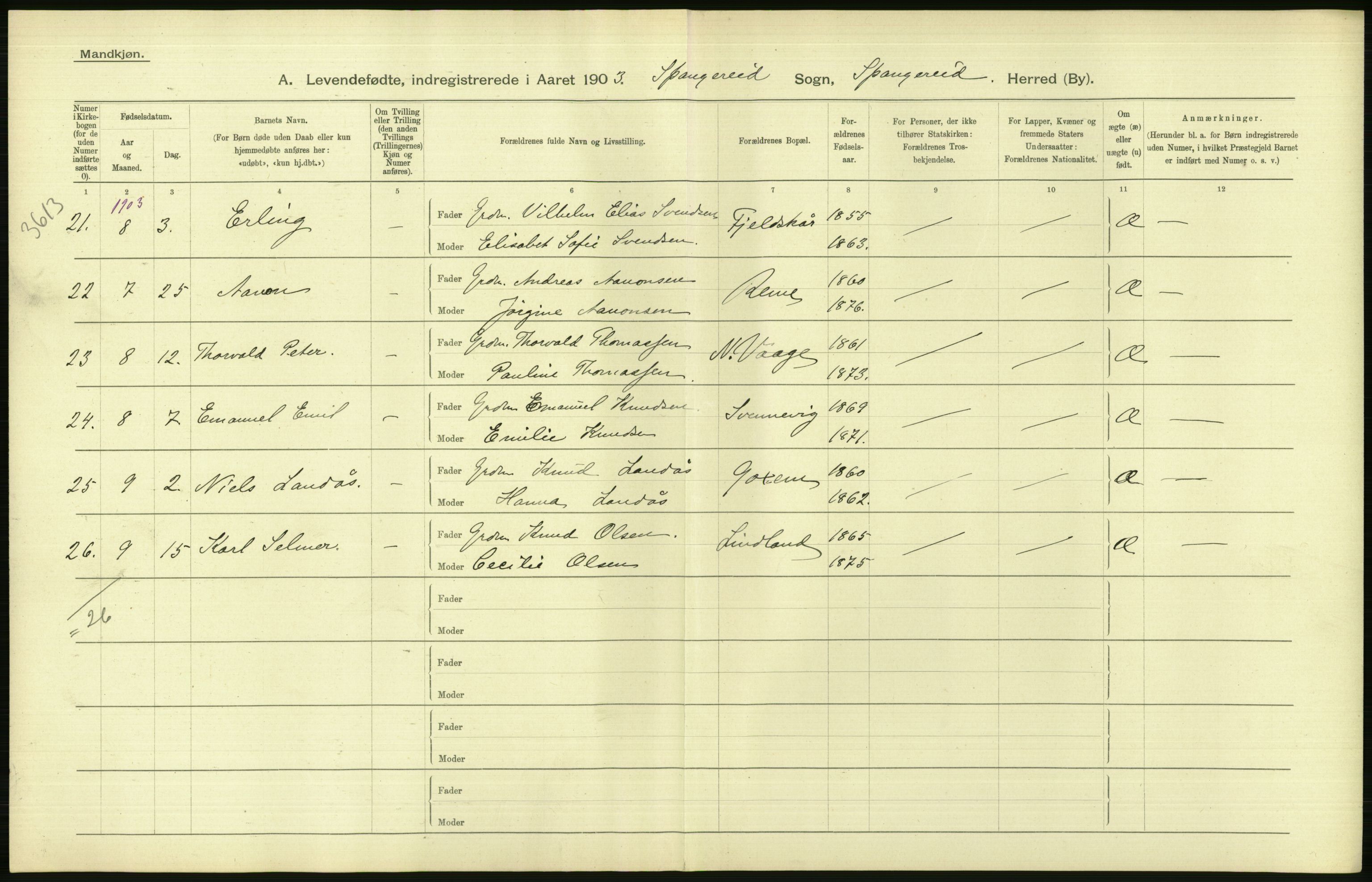 Statistisk sentralbyrå, Sosiodemografiske emner, Befolkning, AV/RA-S-2228/D/Df/Dfa/Dfaa/L0011: Lister og Mandal amt: Fødte, gifte, døde, 1903, p. 100