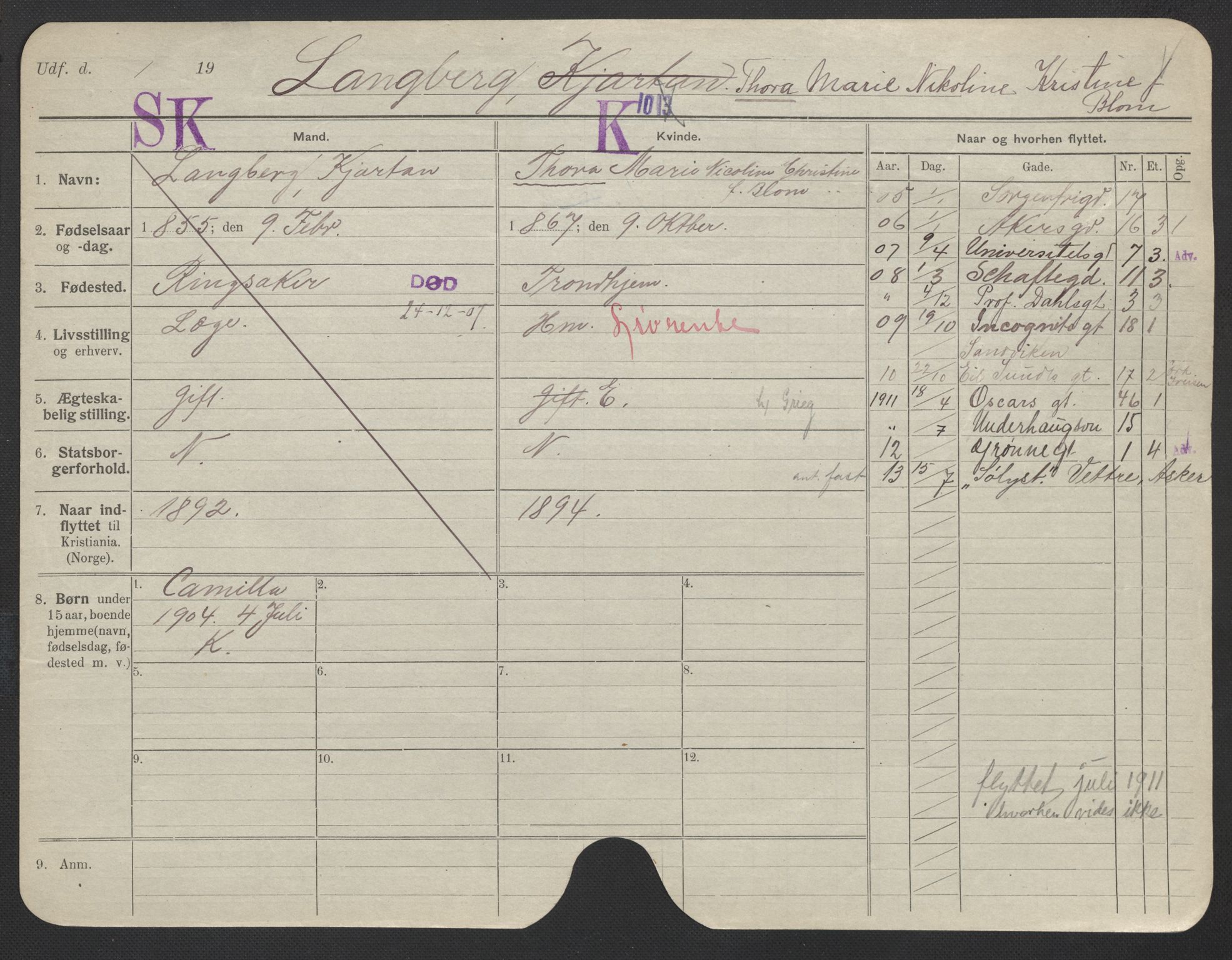Oslo folkeregister, Registerkort, AV/SAO-A-11715/F/Fa/Fac/L0019: Kvinner, 1906-1914, p. 735a