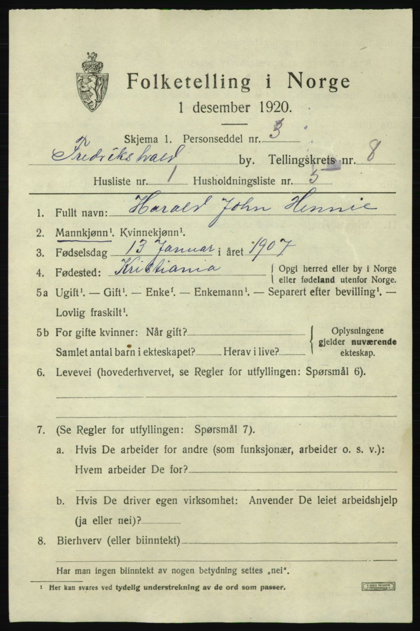 SAO, 1920 census for Fredrikshald, 1920, p. 14633