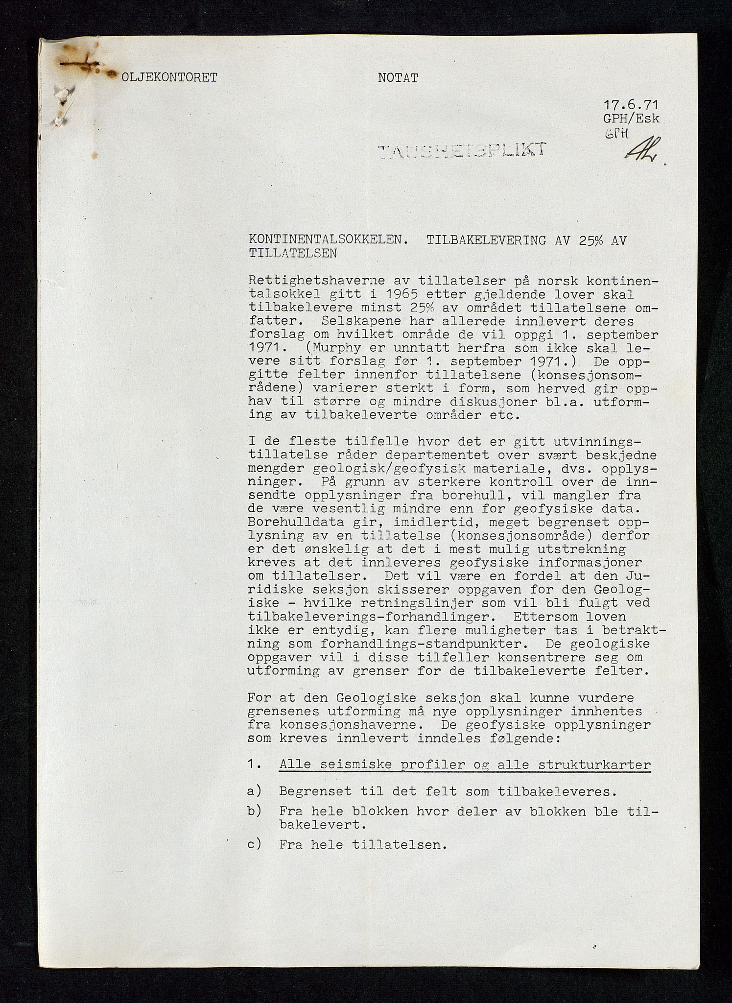 Industridepartementet, Oljekontoret, AV/SAST-A-101348/Da/L0004: Arkivnøkkel 711 - 712 Utvinningstillatelser, 1970-1971, p. 364