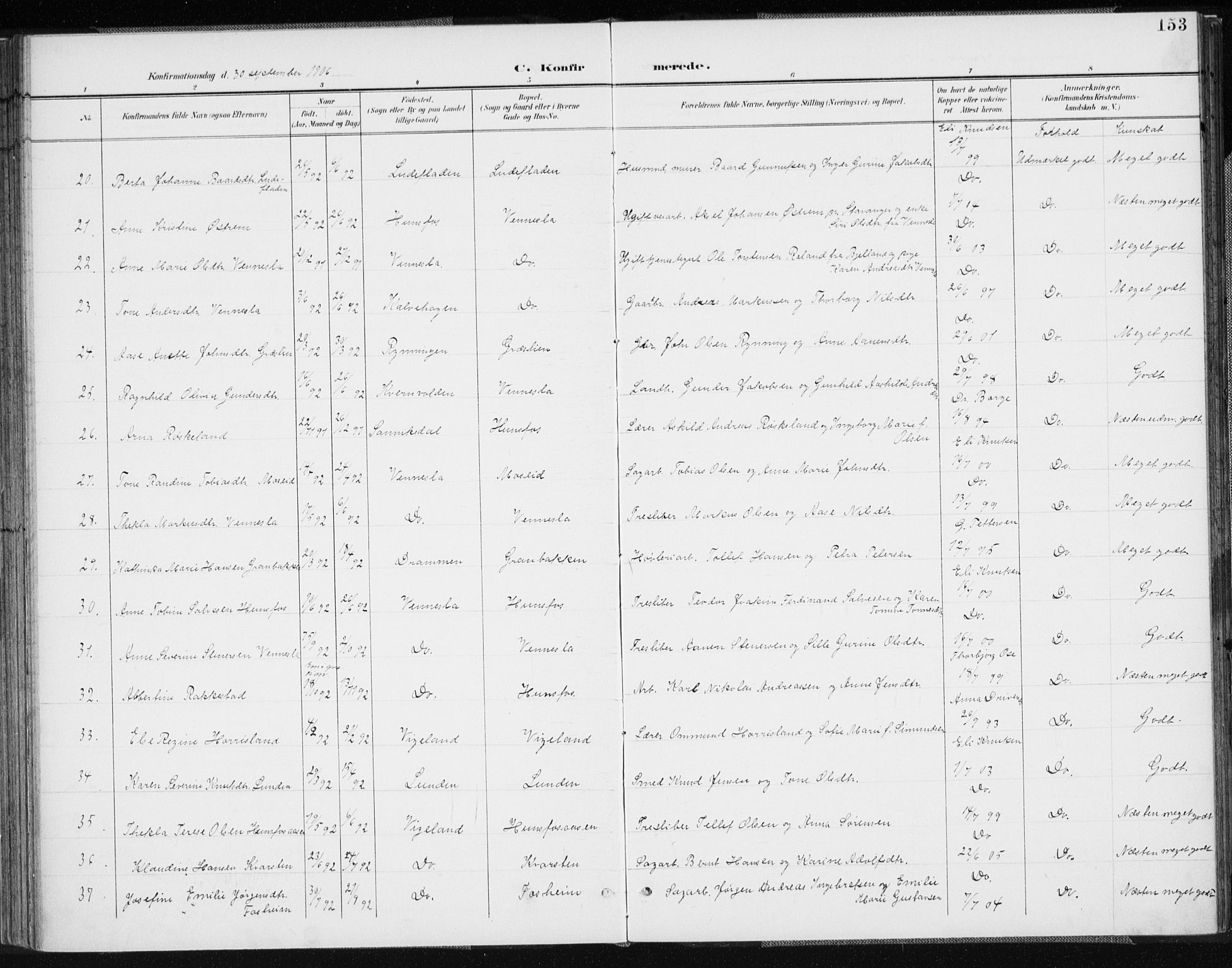 Vennesla sokneprestkontor, AV/SAK-1111-0045/Fa/Fab/L0005: Parish register (official) no. A 5, 1897-1909, p. 153