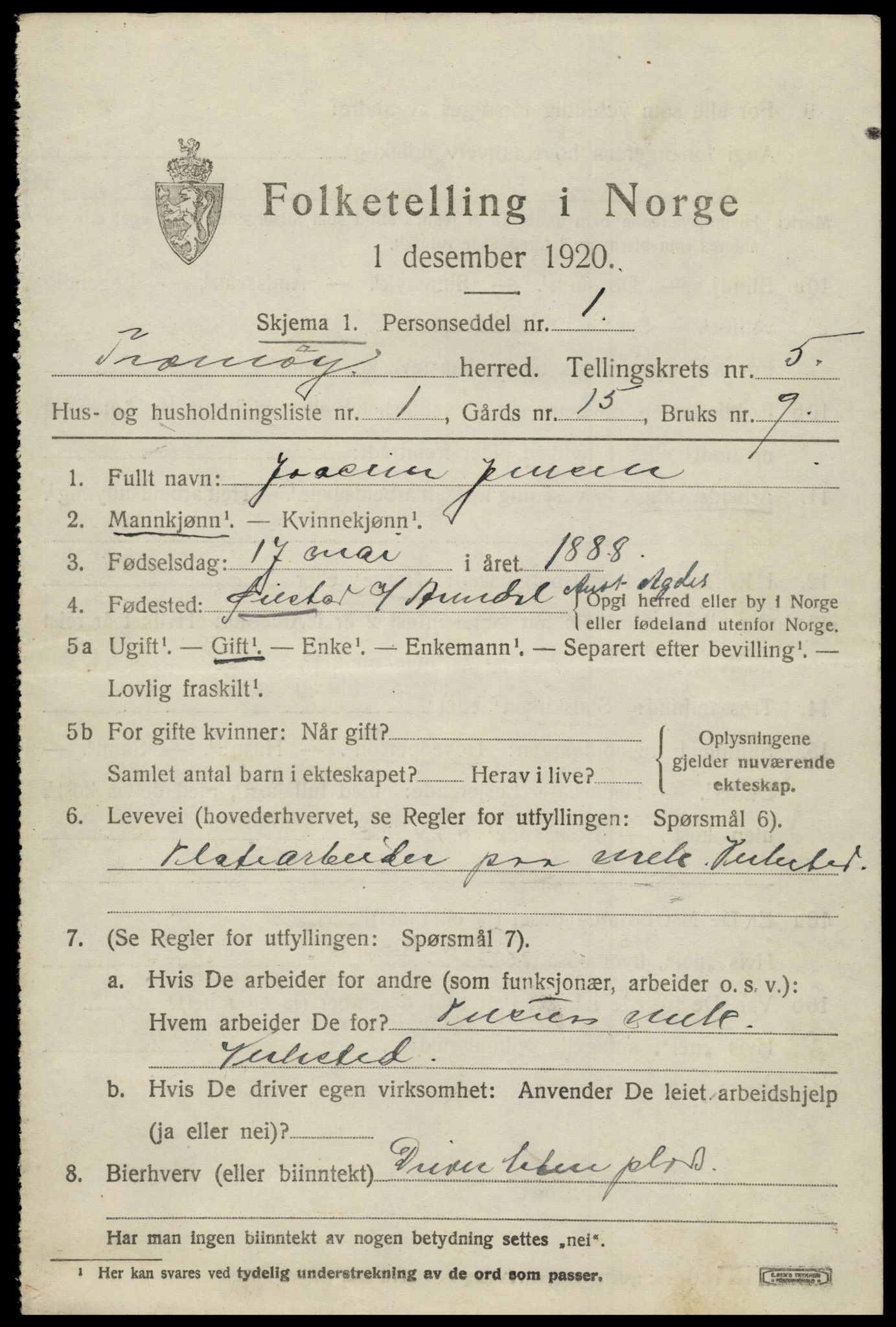SAK, 1920 census for Tromøy, 1920, p. 3817