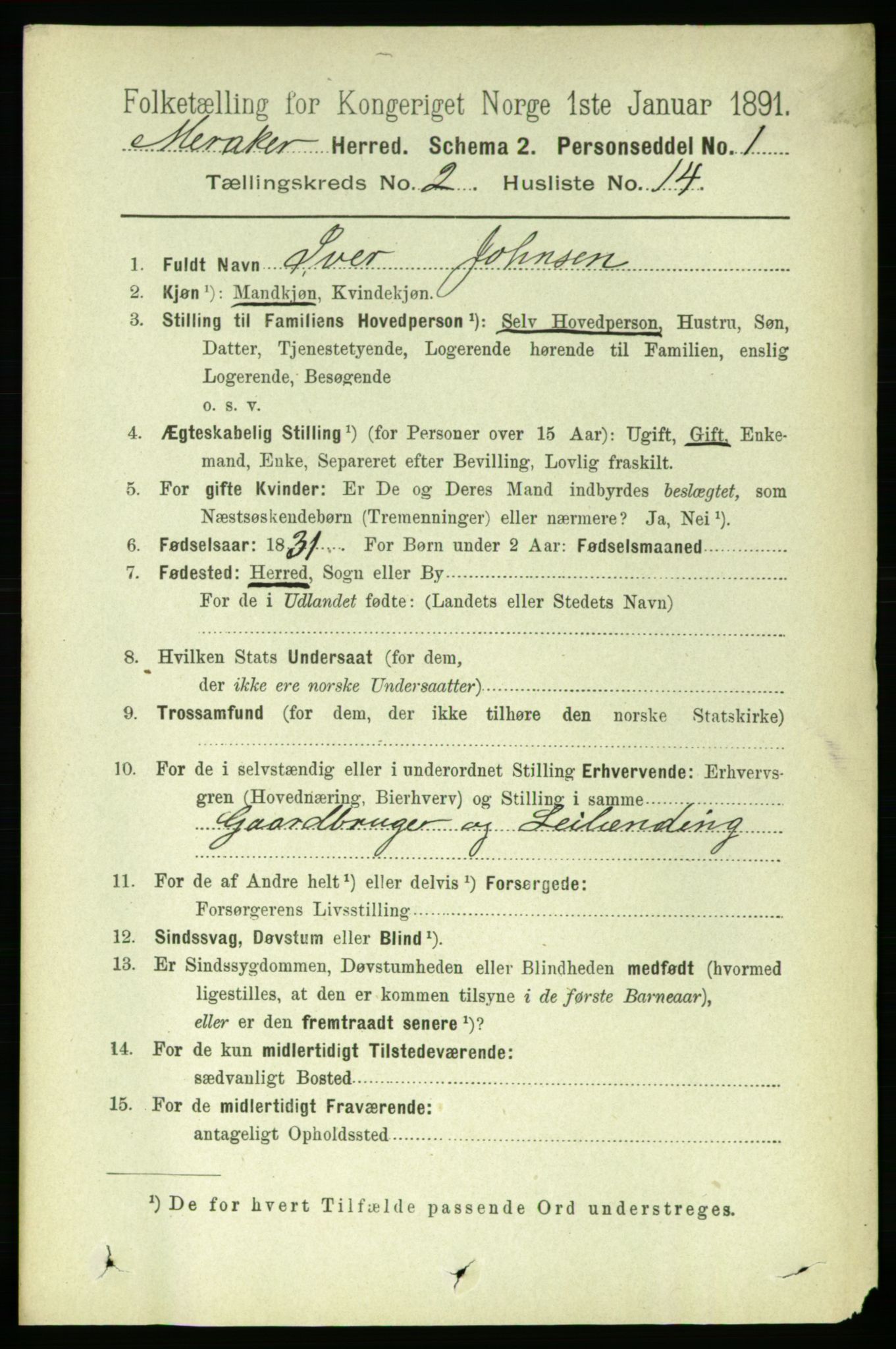 RA, 1891 census for 1711 Meråker, 1891, p. 661