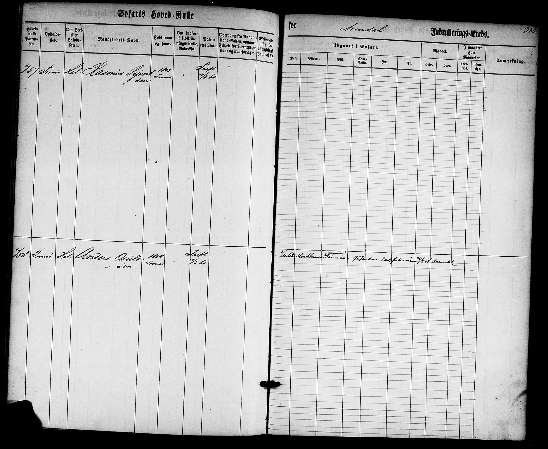 Arendal mønstringskrets, SAK/2031-0012/F/Fb/L0001: Hovedrulle nr 1-766 uten register, E-2, 1860-1868, p. 390