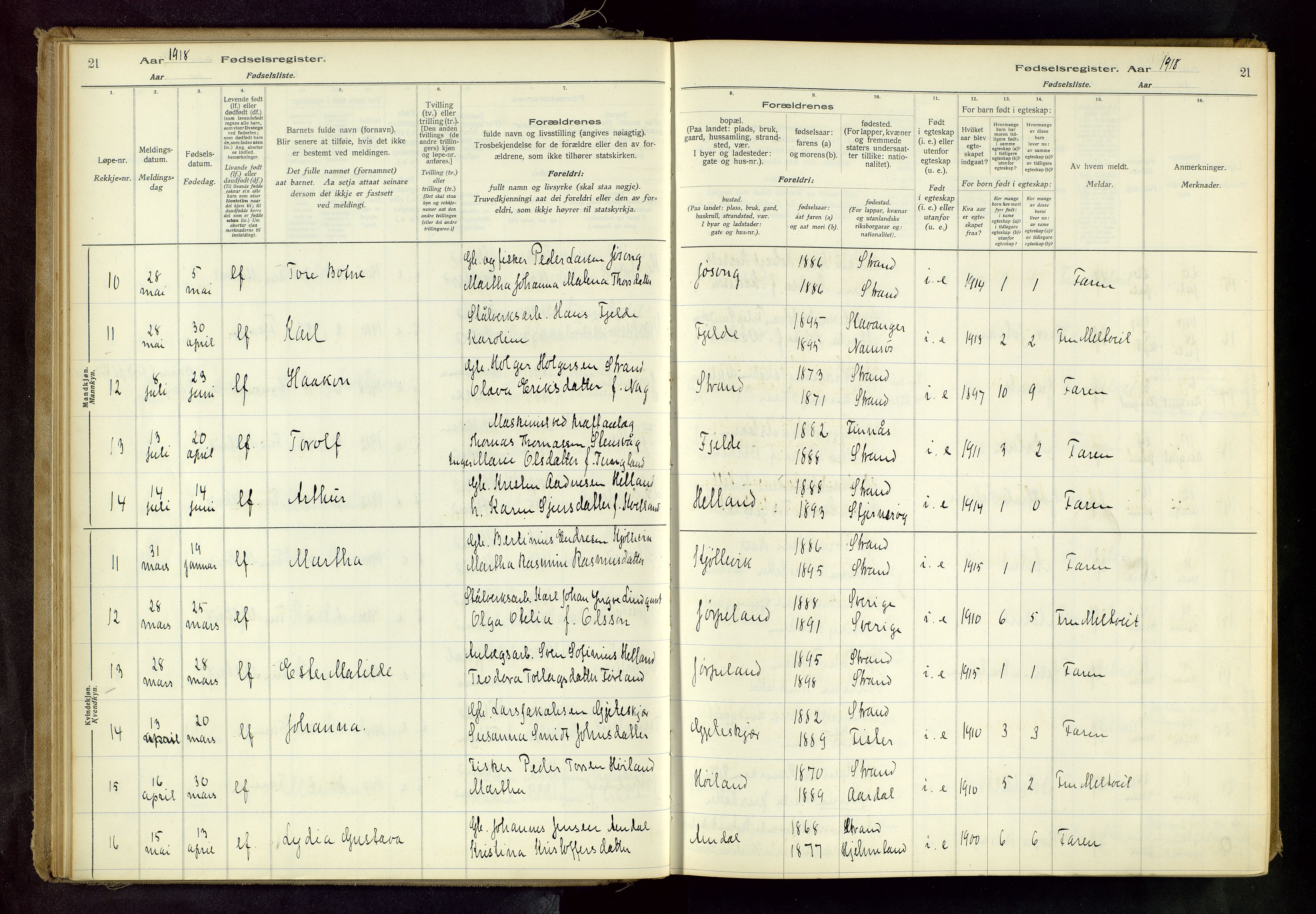 Strand sokneprestkontor, AV/SAST-A-101828/I/Id/L0001: Birth register no. 1, 1916-1938, p. 21