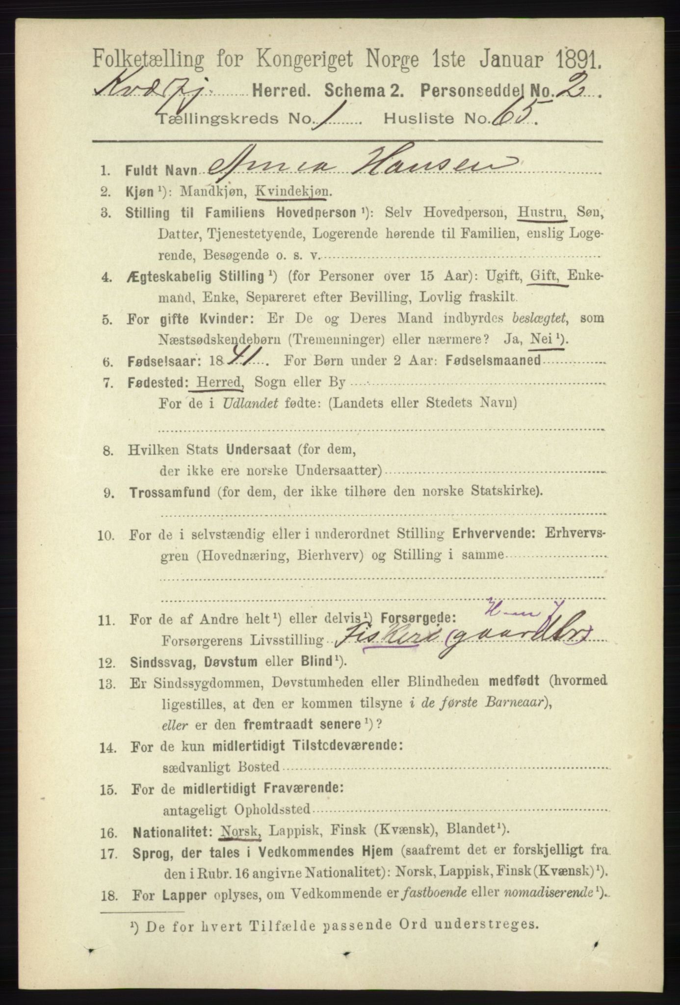 RA, 1891 census for 1911 Kvæfjord, 1891, p. 545