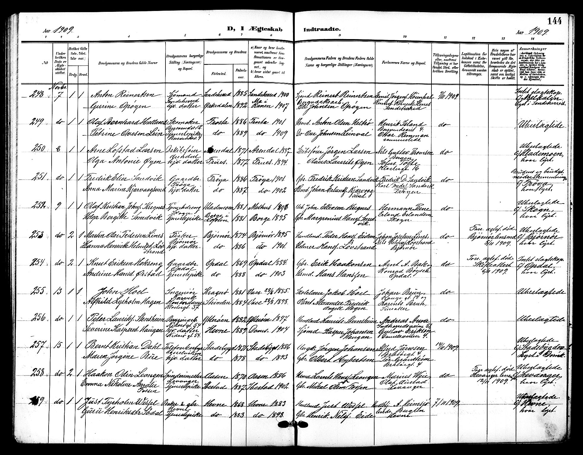 Ministerialprotokoller, klokkerbøker og fødselsregistre - Sør-Trøndelag, AV/SAT-A-1456/601/L0095: Parish register (copy) no. 601C13, 1902-1911, p. 144