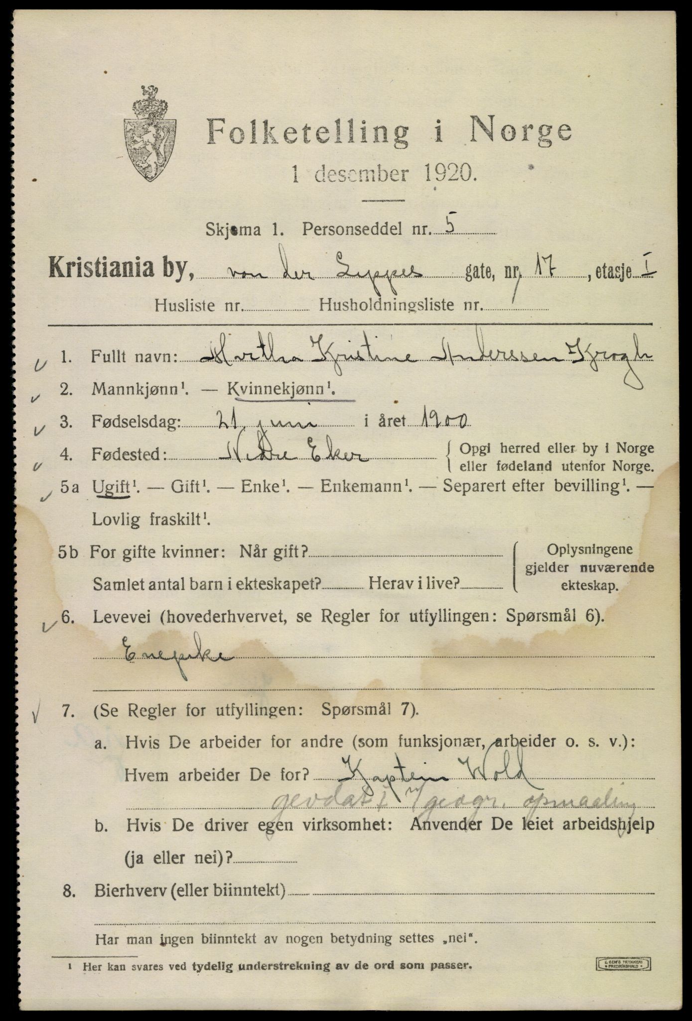 SAO, 1920 census for Kristiania, 1920, p. 643687