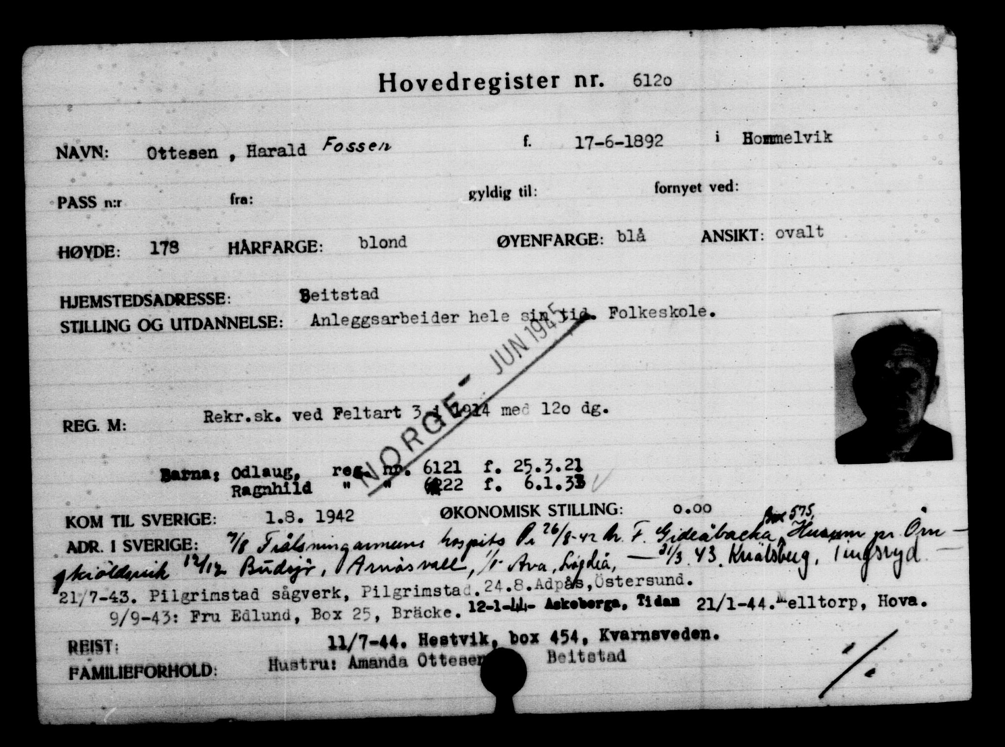 Utenriksstasjonene, Legasjonen i Stockholm, Flyktningkontoret, AV/RA-S-6753/V/Va/L0004: Kjesäterkartoteket, flyktninger med registreringsnr. 3496-6610, 1940-1945, p. 3074