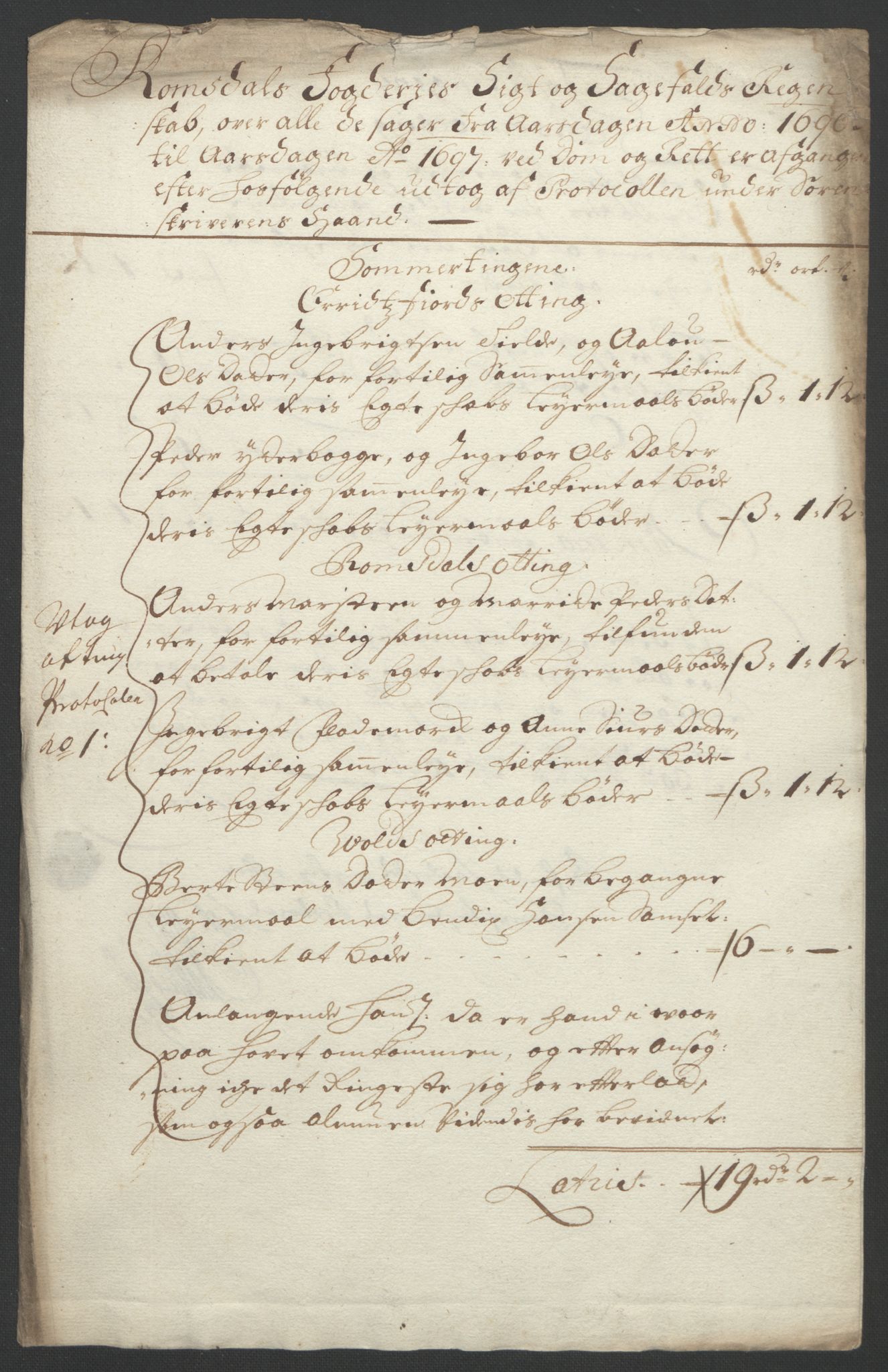 Rentekammeret inntil 1814, Reviderte regnskaper, Fogderegnskap, RA/EA-4092/R55/L3652: Fogderegnskap Romsdal, 1695-1696, p. 251