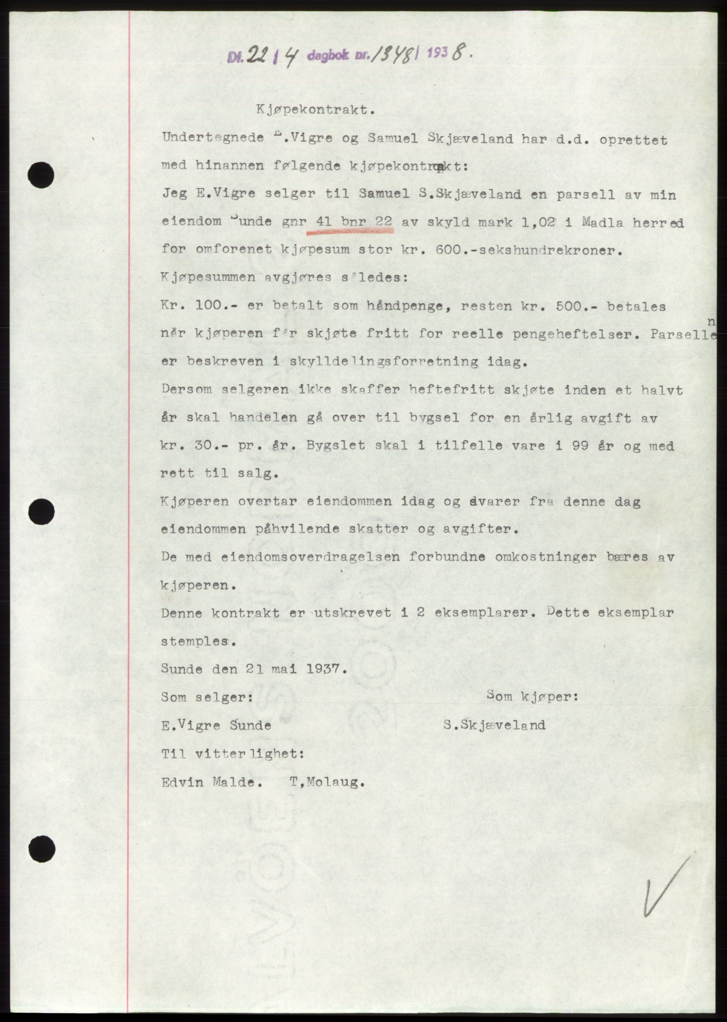 Jæren sorenskriveri, SAST/A-100310/03/G/Gba/L0070: Mortgage book, 1938-1938, Diary no: : 1348/1938