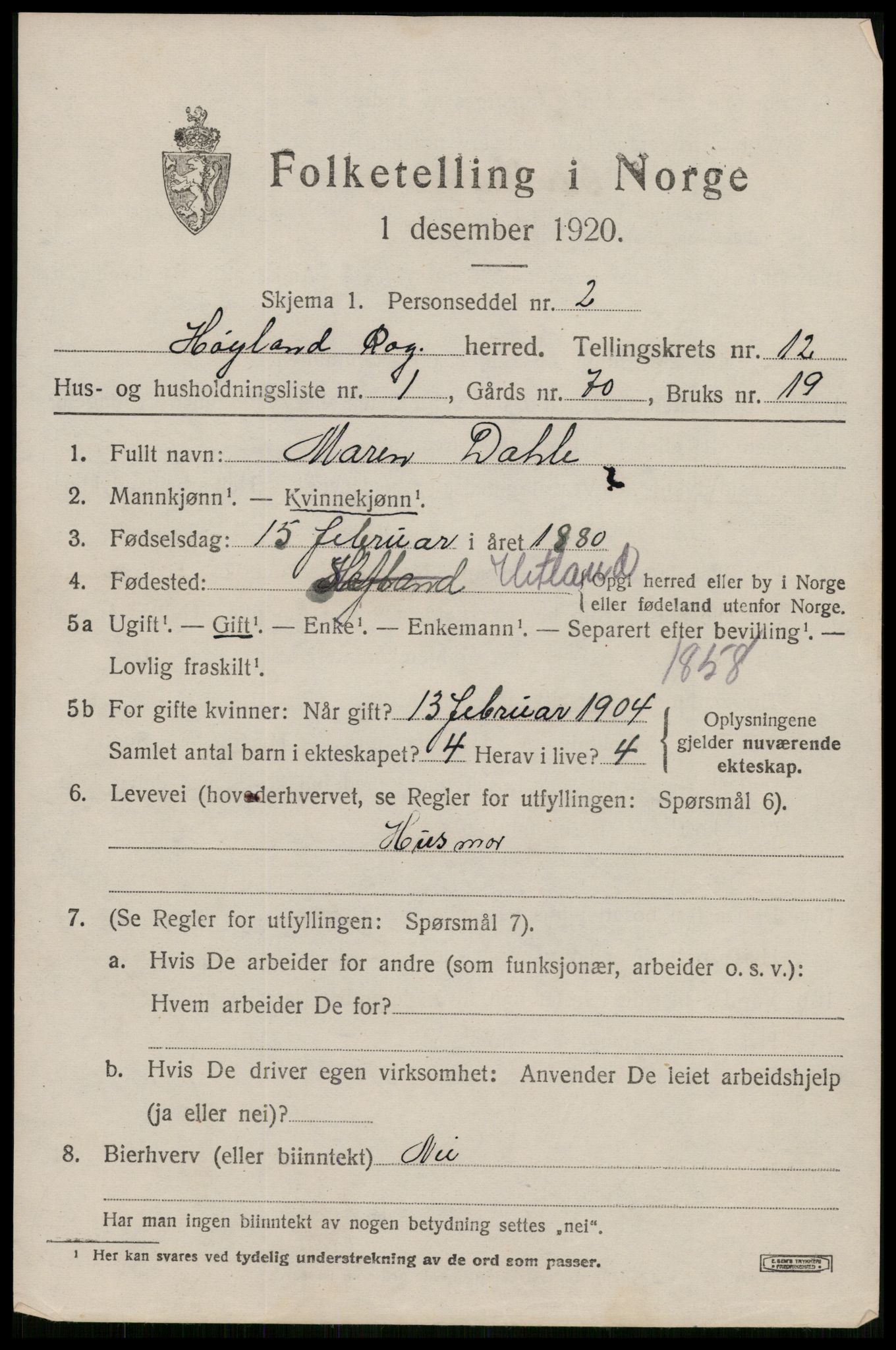 SAST, 1920 census for Høyland, 1920, p. 9316