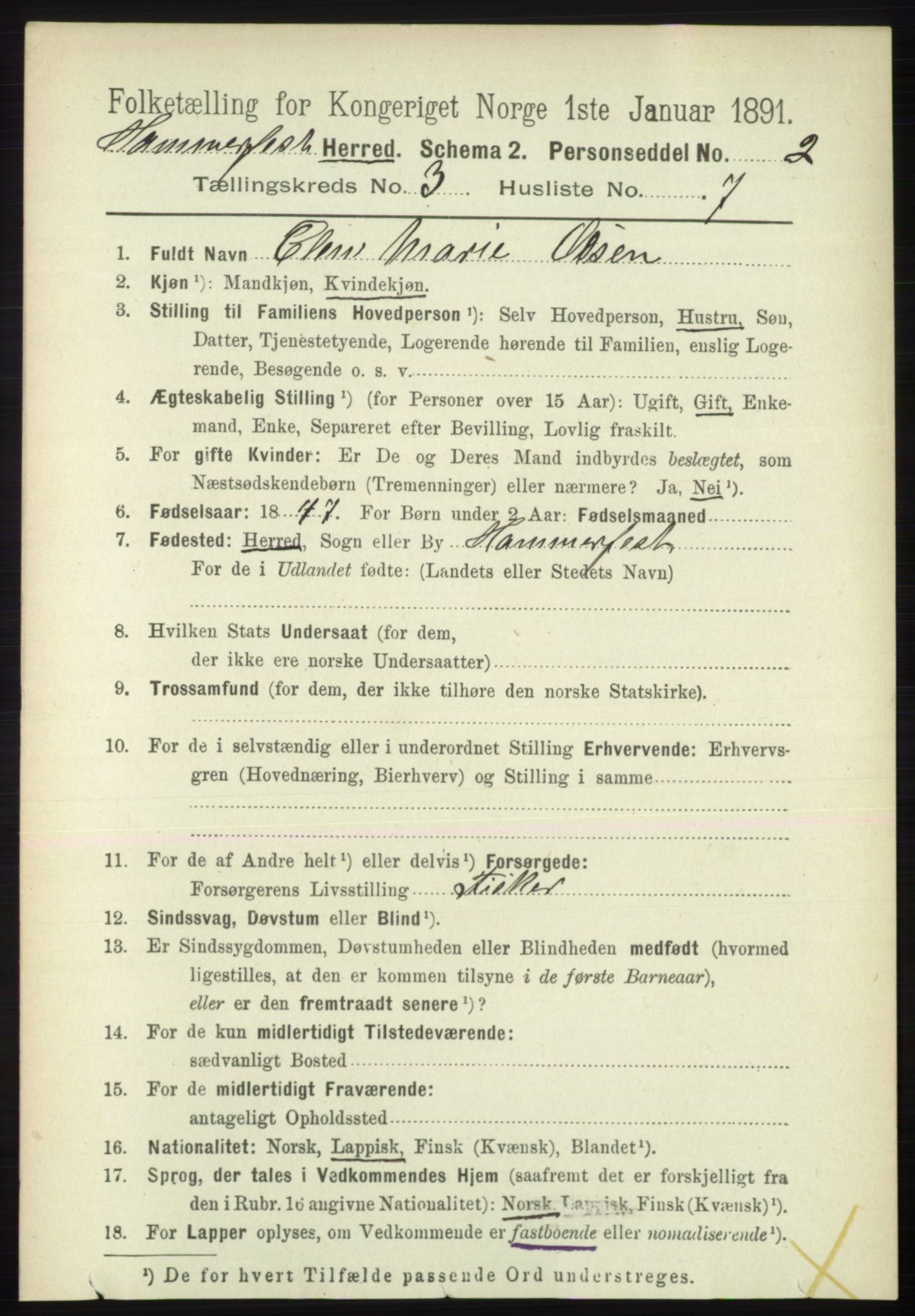 RA, 1891 census for 2016 Hammerfest, 1891, p. 1046