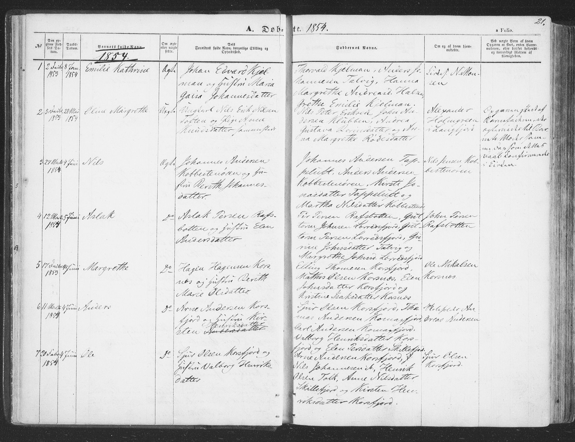 Talvik sokneprestkontor, SATØ/S-1337/H/Ha/L0010kirke: Parish register (official) no. 10, 1852-1864, p. 21