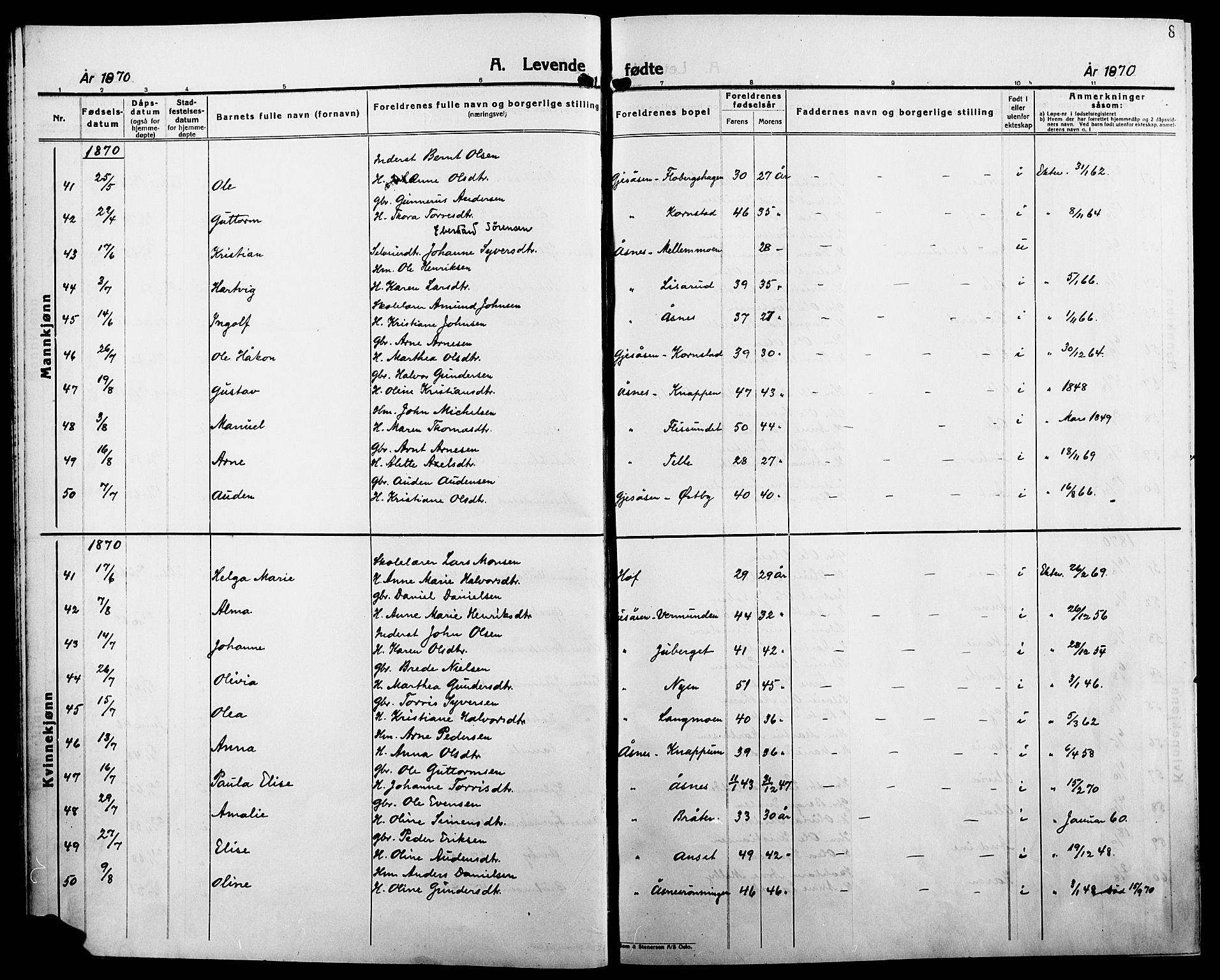Åsnes prestekontor, AV/SAH-PREST-042/H/Ha/Haa/L0000B: Parish register (official), 1870-1889, p. 8