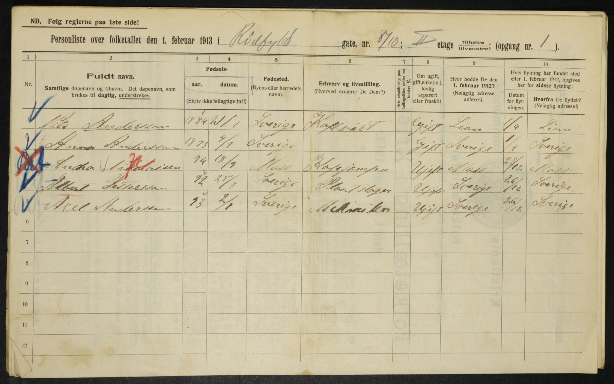 OBA, Municipal Census 1913 for Kristiania, 1913, p. 85857