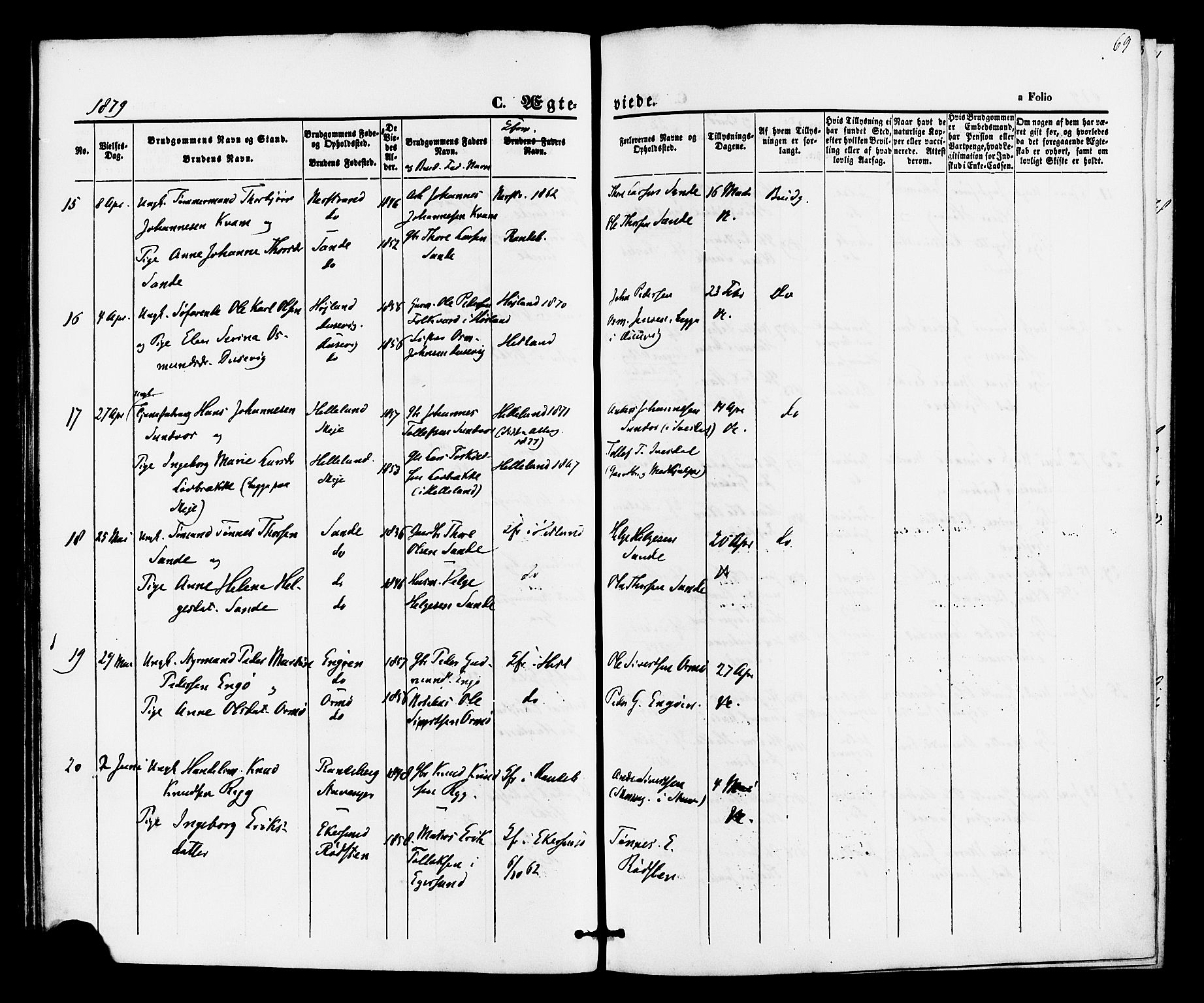 Hetland sokneprestkontor, AV/SAST-A-101826/30/30BA/L0005: Parish register (official) no. A 5, 1869-1884, p. 69