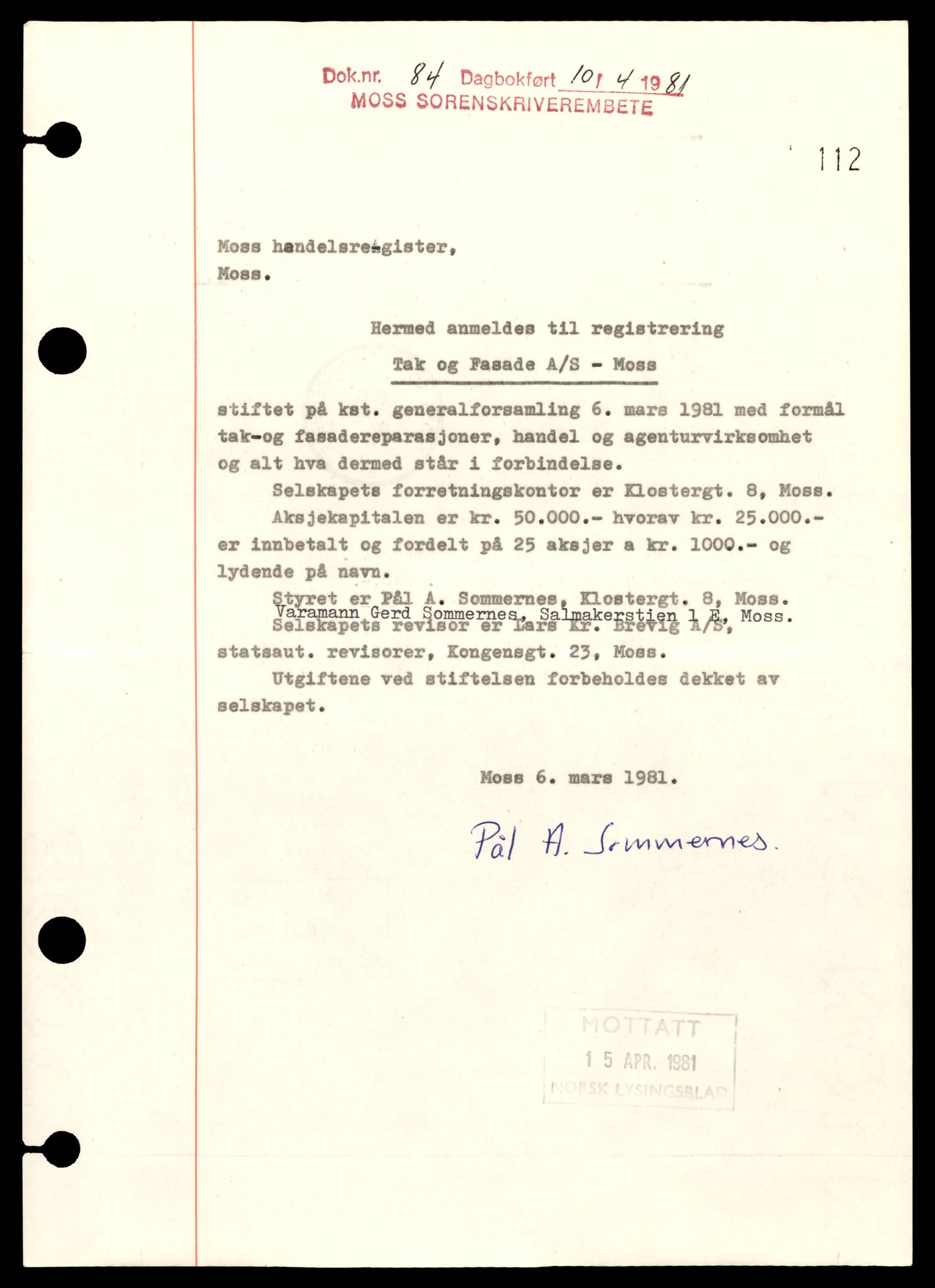 Moss tingrett, SAT/A-10063/K/Ka/Kab/L0043: Slettede og konverterte firmaer, Tak - Tom, 1890-1943, p. 1