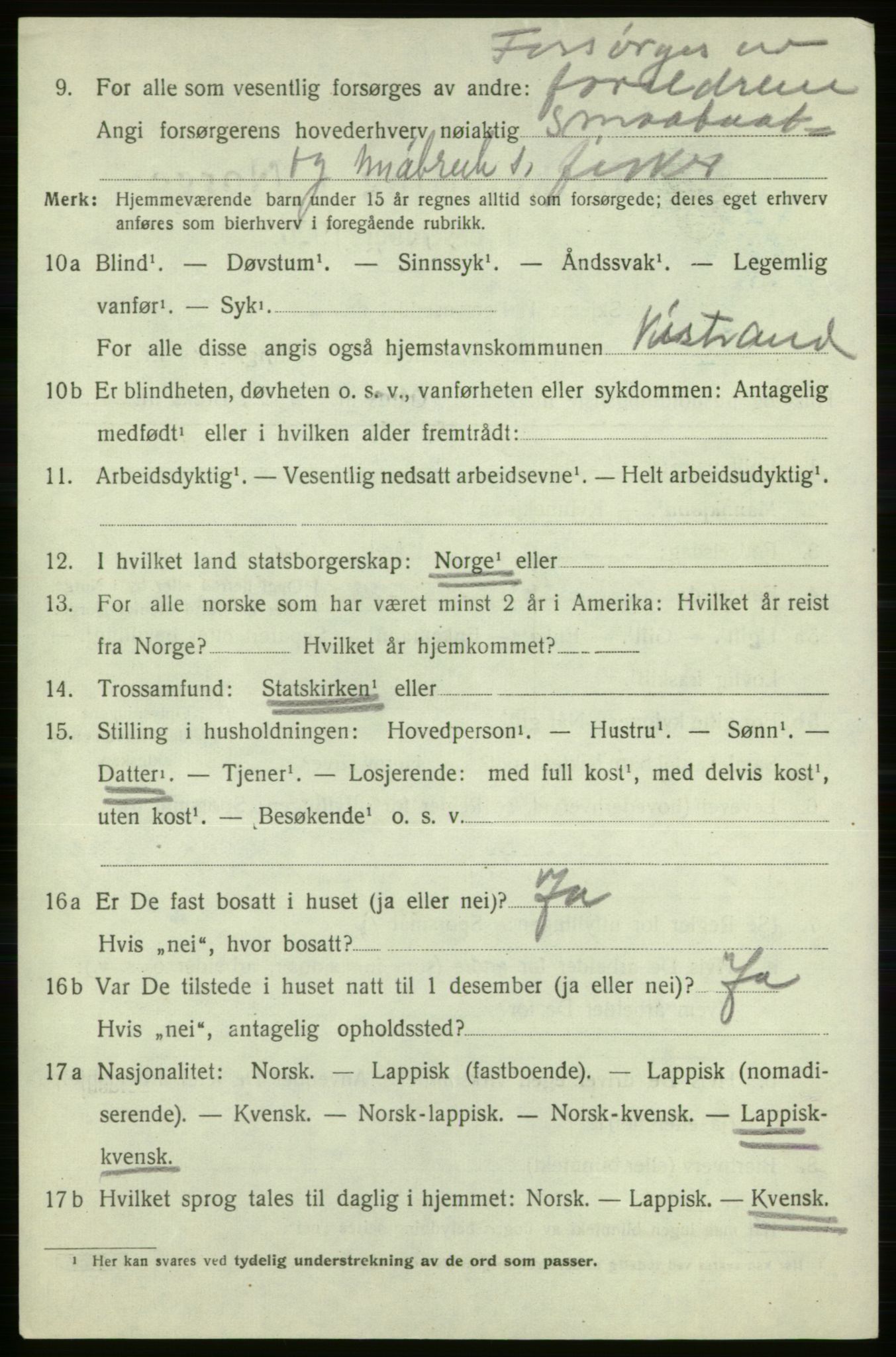 SATØ, 1920 census for Kistrand, 1920, p. 4409