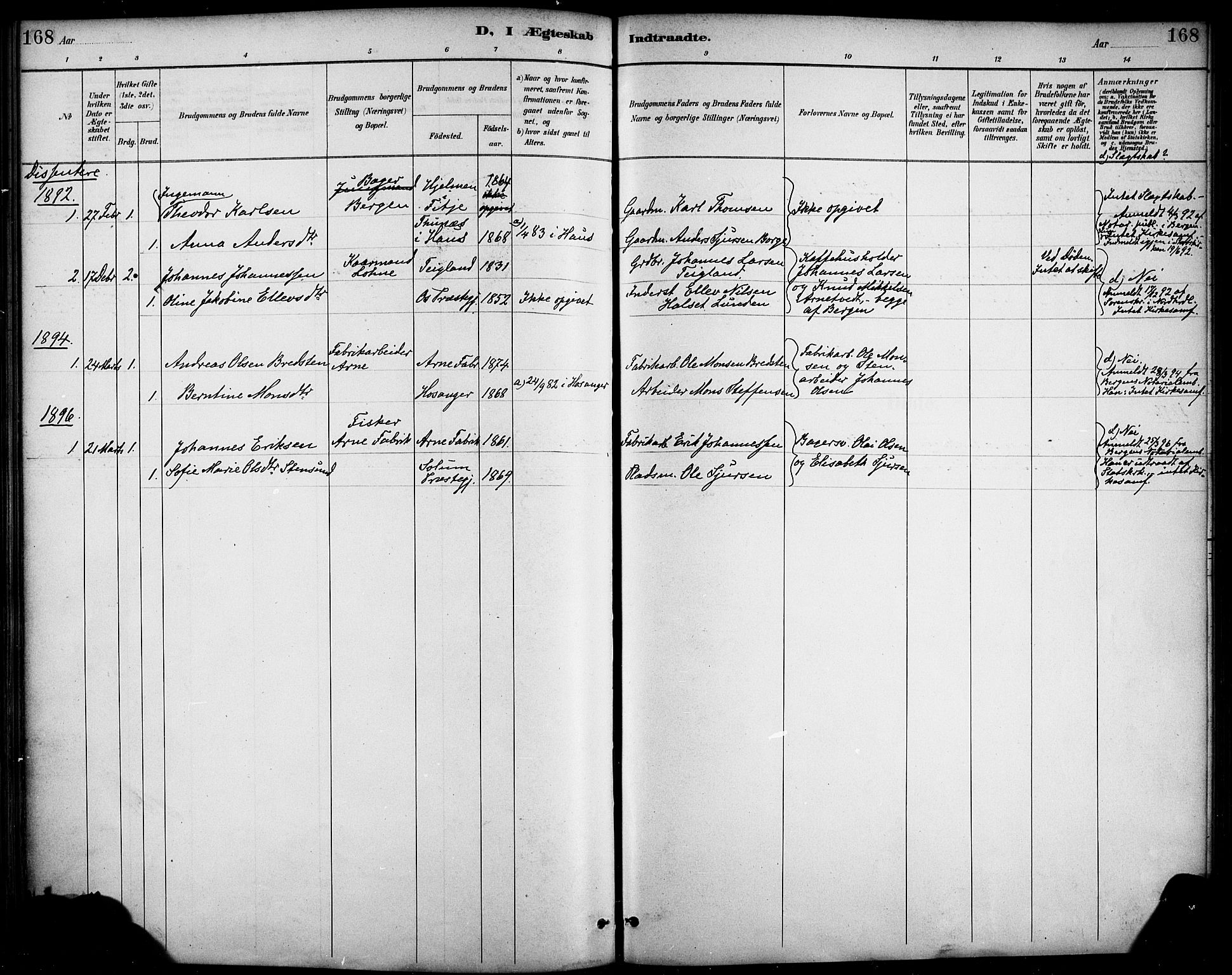 Haus sokneprestembete, SAB/A-75601/H/Haa/Haad/L0001: Parish register (official) no. D 1, 1887-1898, p. 168