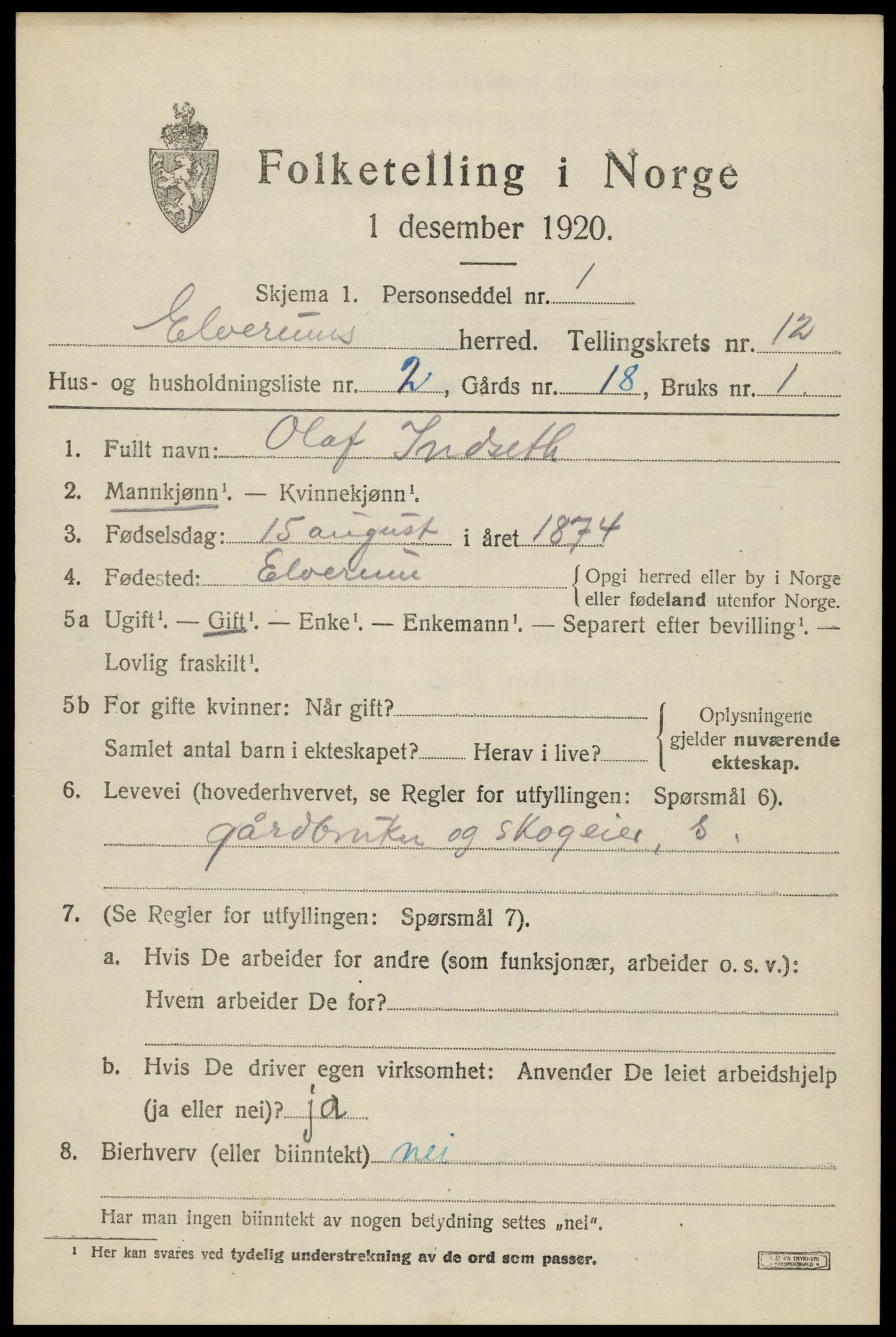 SAH, 1920 census for Elverum, 1920, p. 16946