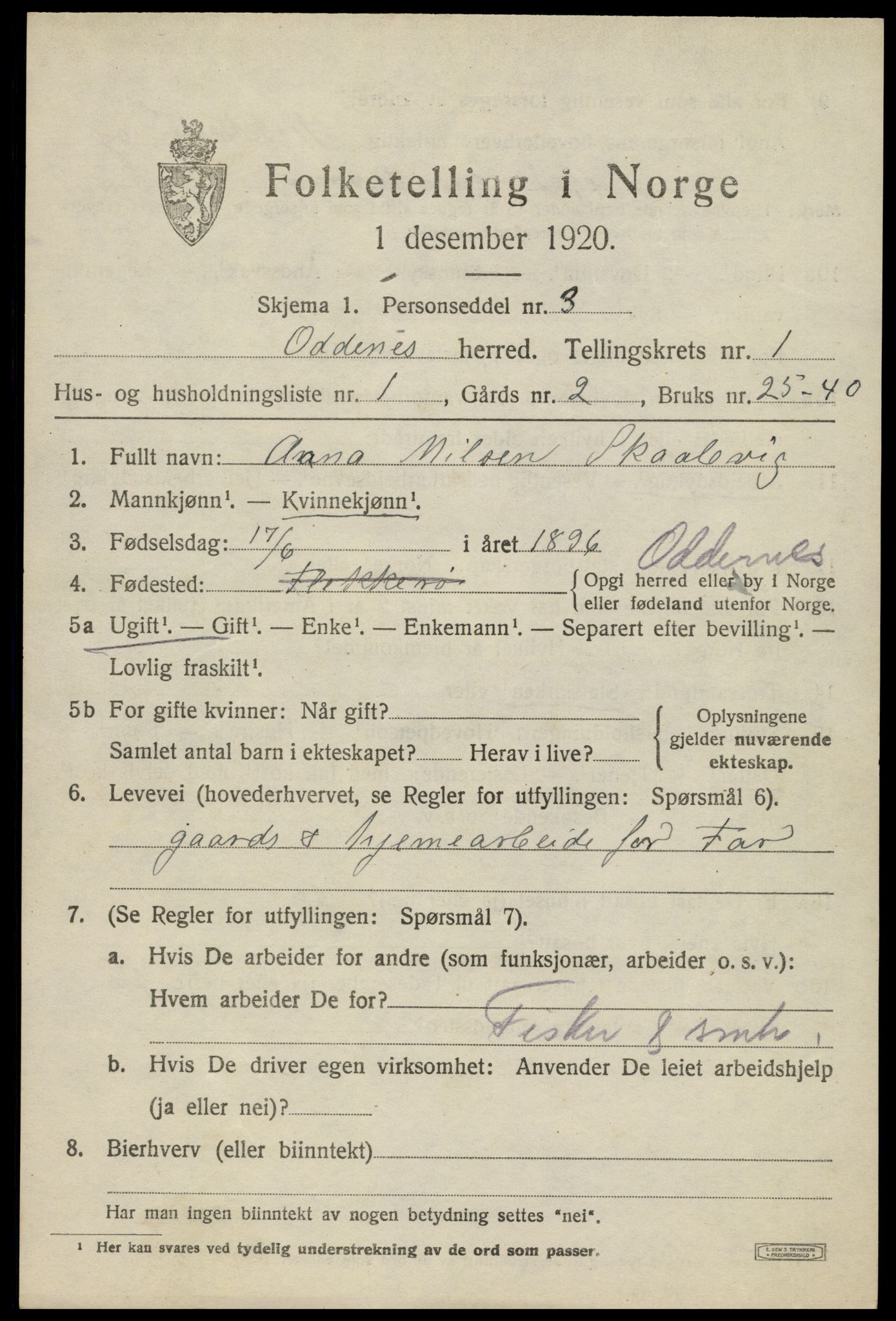 SAK, 1920 census for Oddernes, 1920, p. 2001