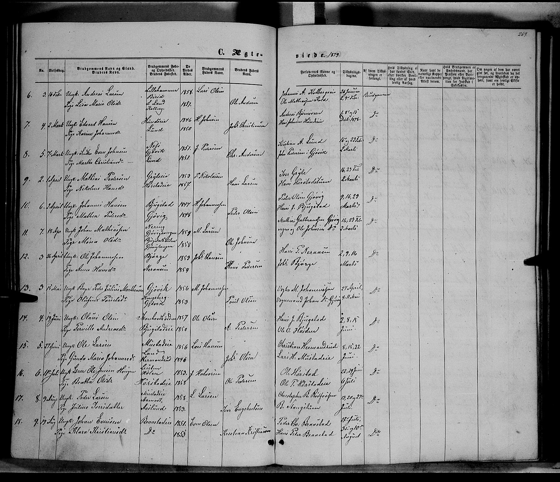 Vardal prestekontor, SAH/PREST-100/H/Ha/Hab/L0006: Parish register (copy) no. 6, 1869-1881, p. 269