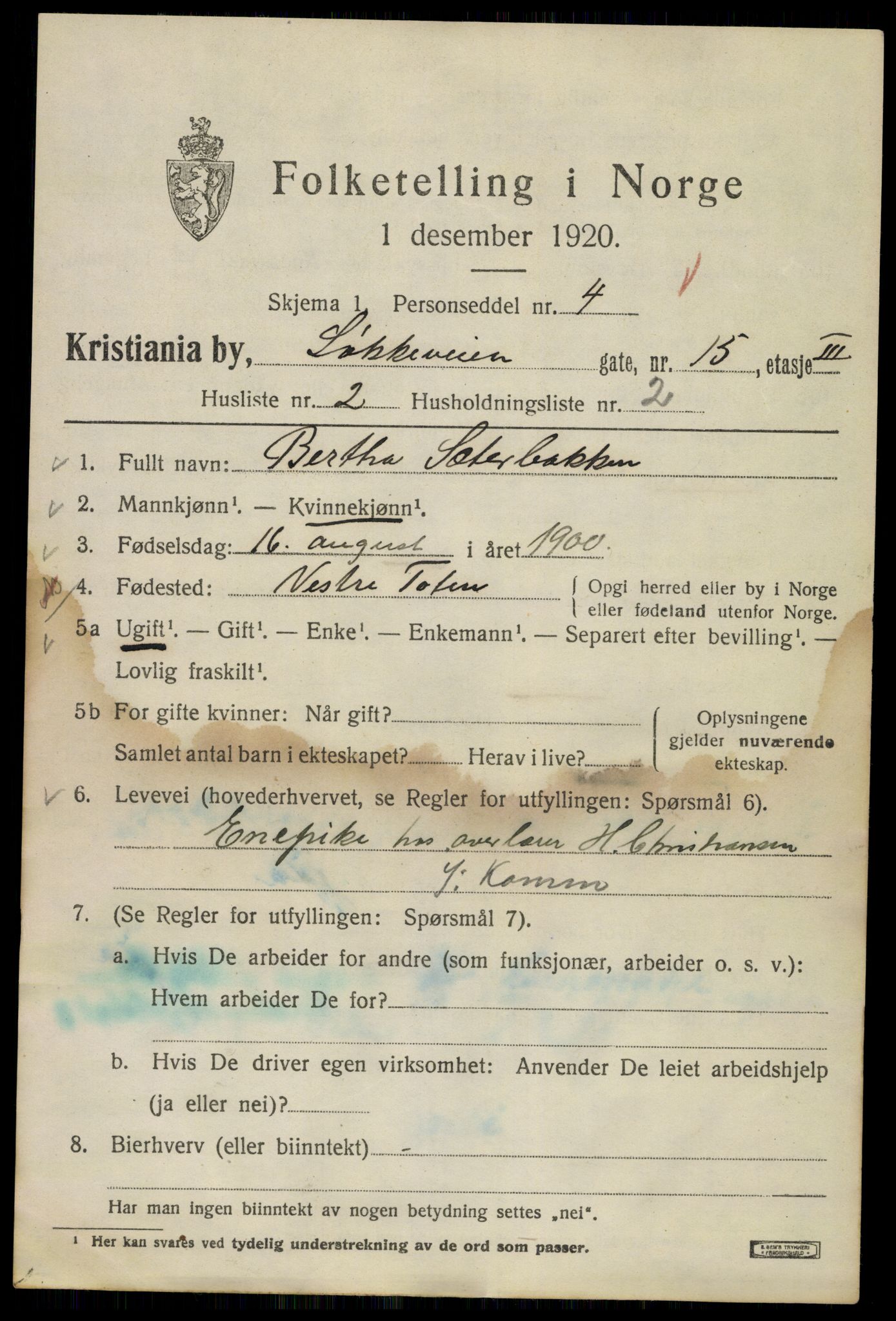 SAO, 1920 census for Kristiania, 1920, p. 367927