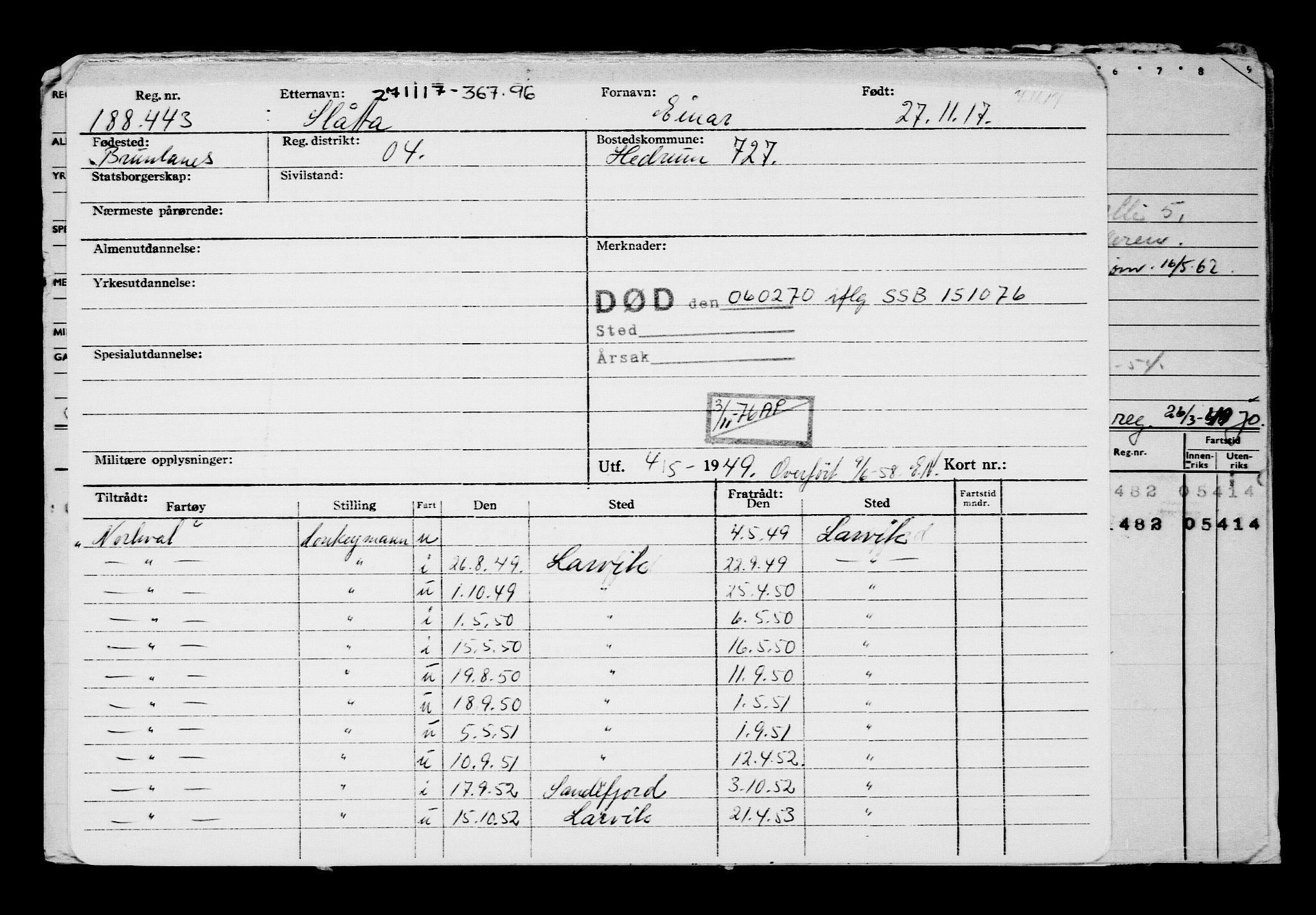 Direktoratet for sjømenn, RA/S-3545/G/Gb/L0153: Hovedkort, 1917, p. 462