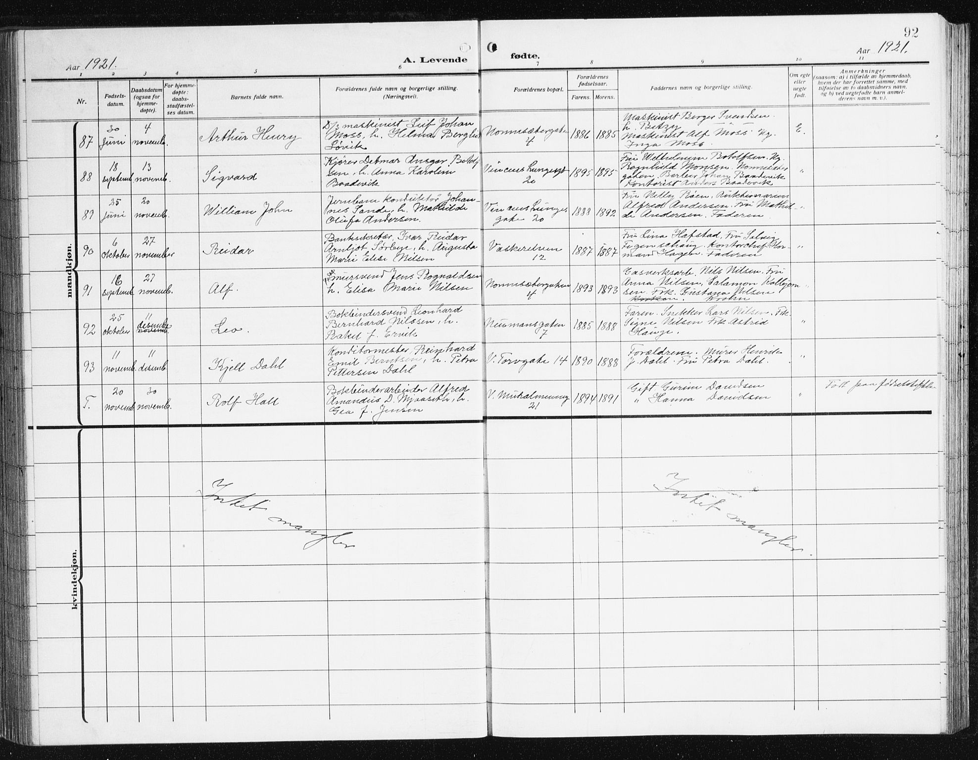 Domkirken sokneprestembete, AV/SAB-A-74801/H/Hab/L0018: Parish register (copy) no. B 11, 1915-1942, p. 92