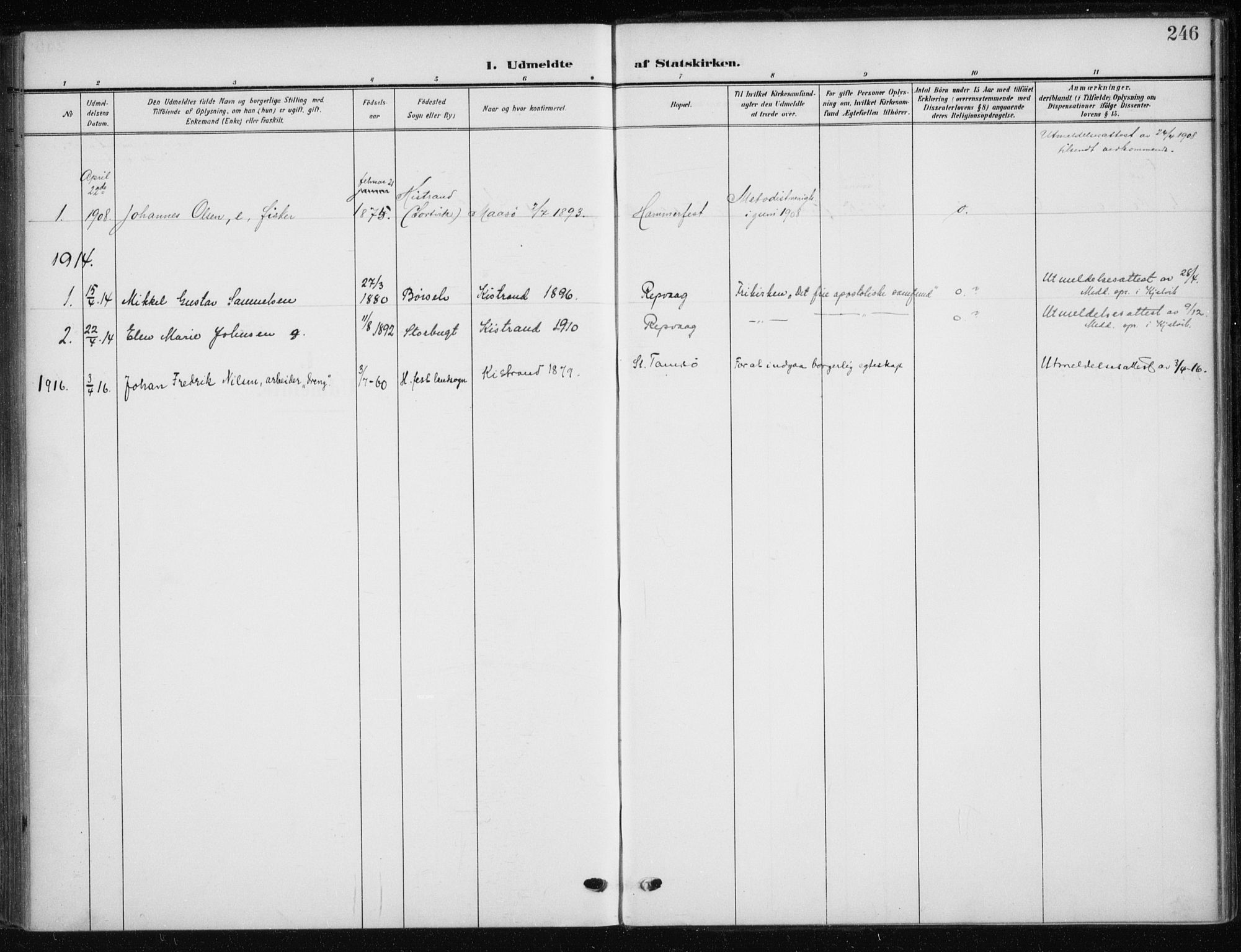 Kistrand/Porsanger sokneprestembete, SATØ/S-1351/H/Ha/L0014.kirke: Parish register (official) no. 14, 1908-1917, p. 246