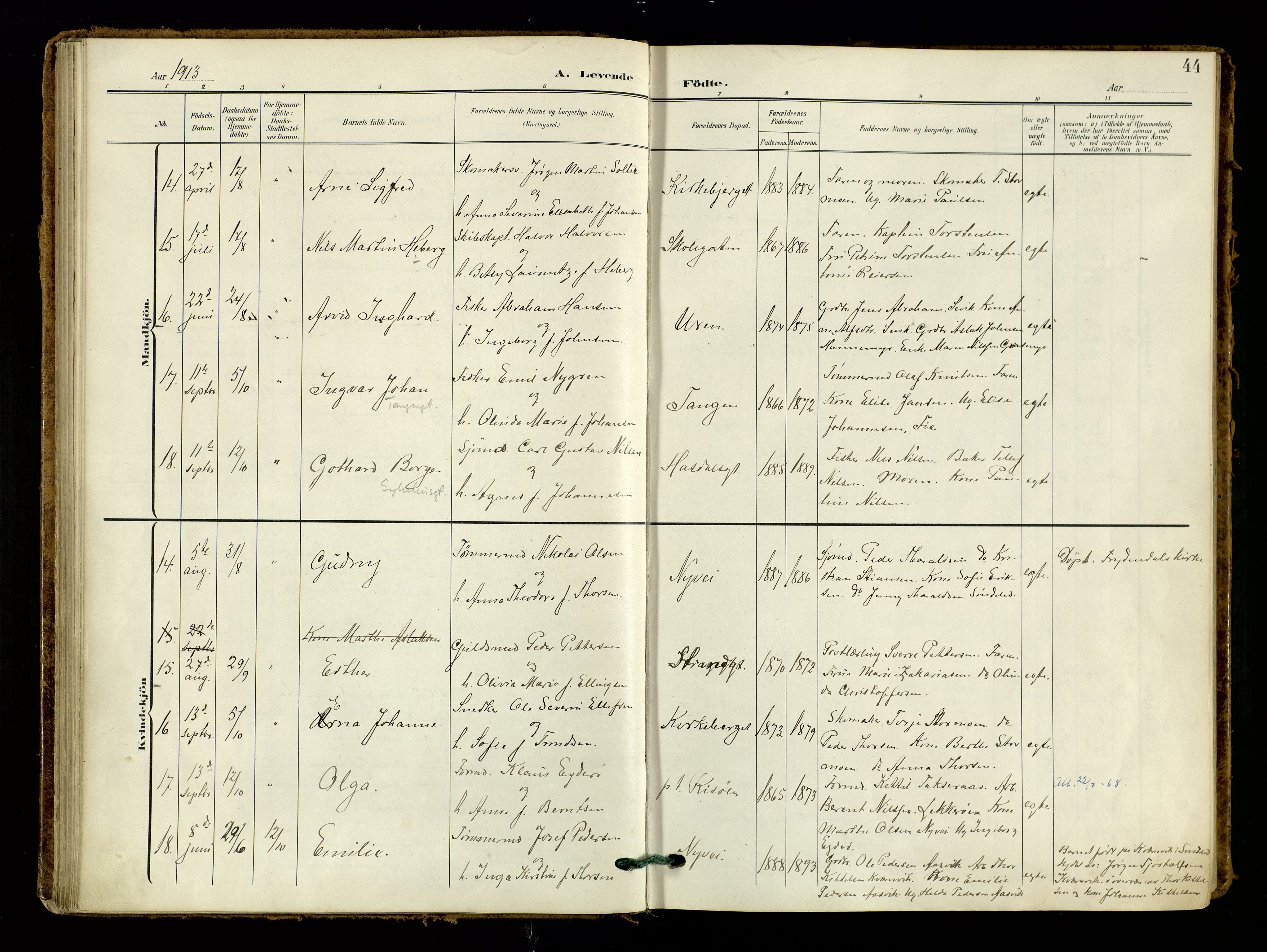 Risør sokneprestkontor, AV/SAK-1111-0035/F/Fa/L0011: Parish register (official) no. A 11, 1907-1920, p. 44