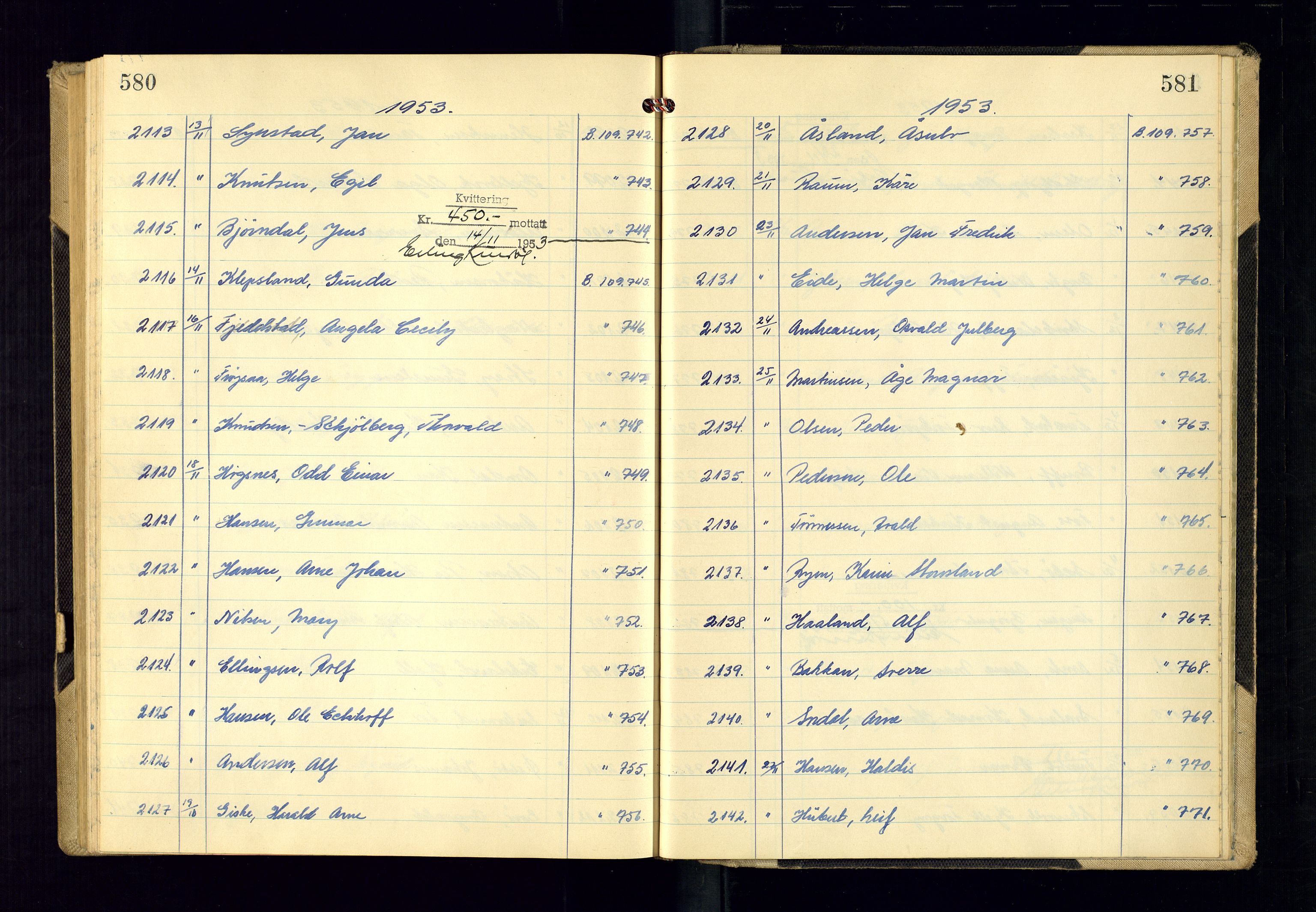 Kristiansand politikammer - 2, AV/SAK-1243-0009/K/Ka/Kaa/L0612: Passprotokoll, liste med løpenumre, 1951-1954, p. 580-581